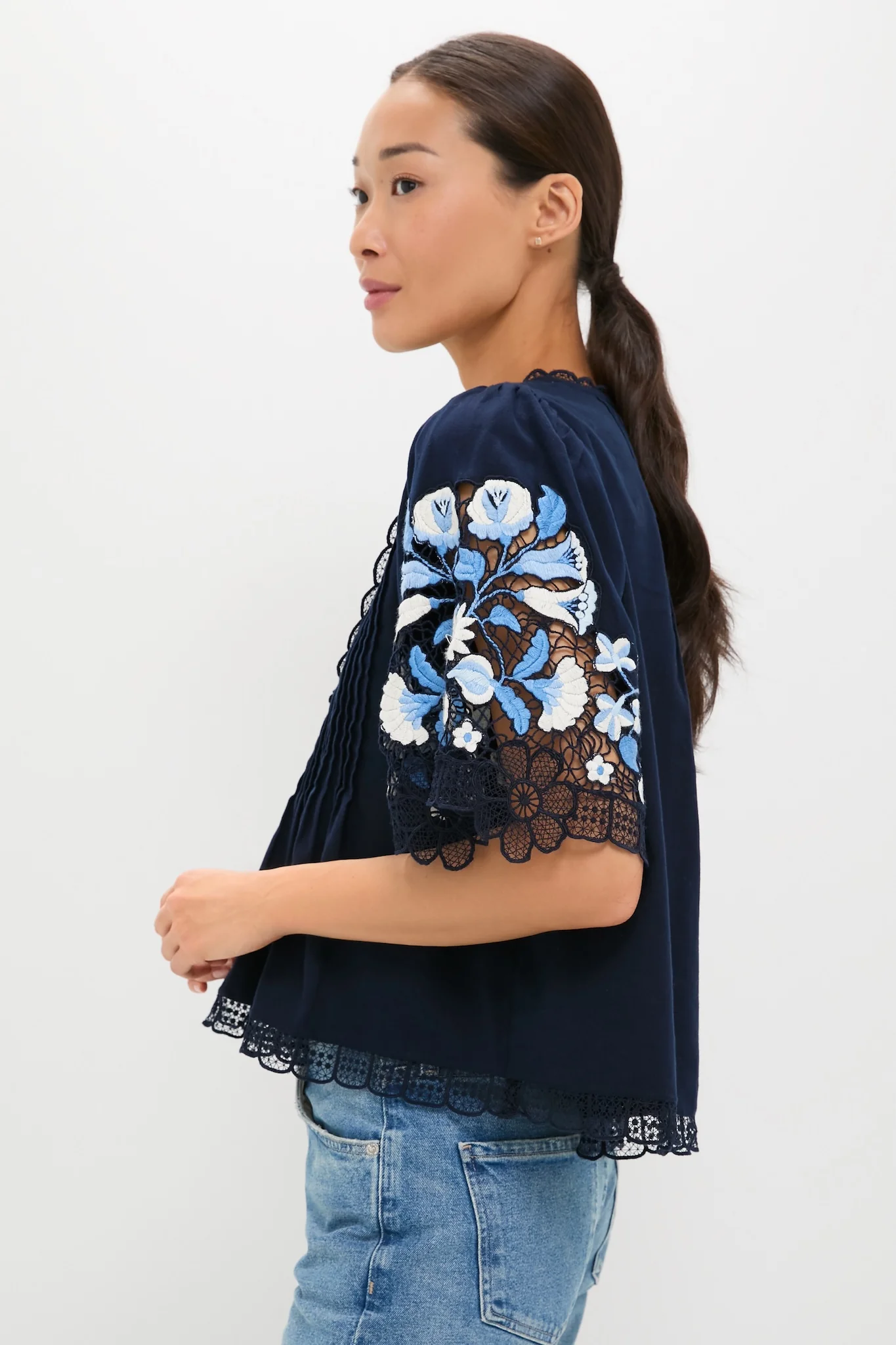 Exclusive Navy Edwina Embroidery Short Sleeve Top - Image 3