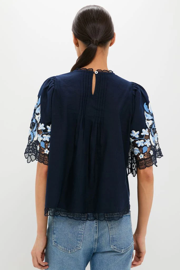 Exclusive Navy Edwina Embroidery Short Sleeve Top - Image 4