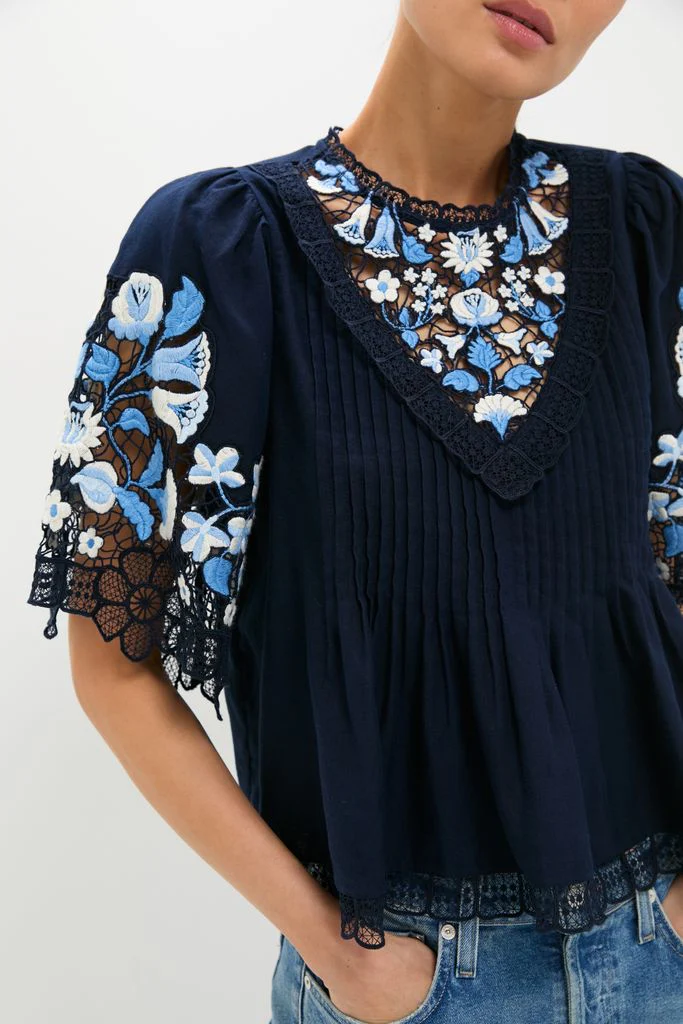 Exclusive Navy Edwina Embroidery Short Sleeve Top - Image 5