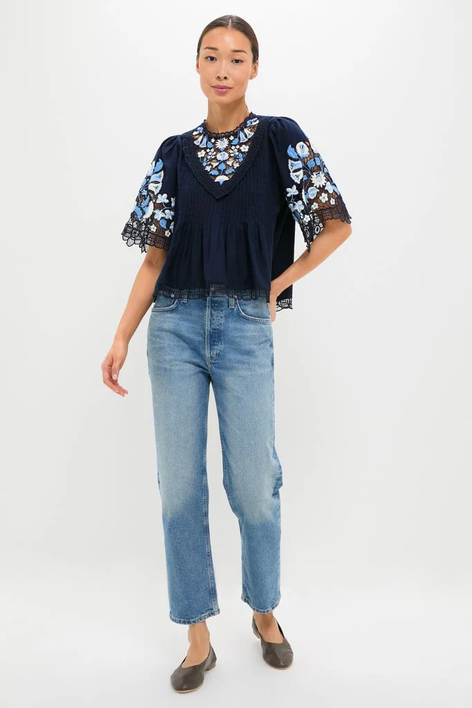 Exclusive Navy Edwina Embroidery Short Sleeve Top - Image 6