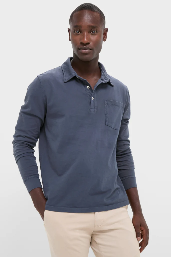 Faded Navy Garment Dyed Long Sleeve Polo