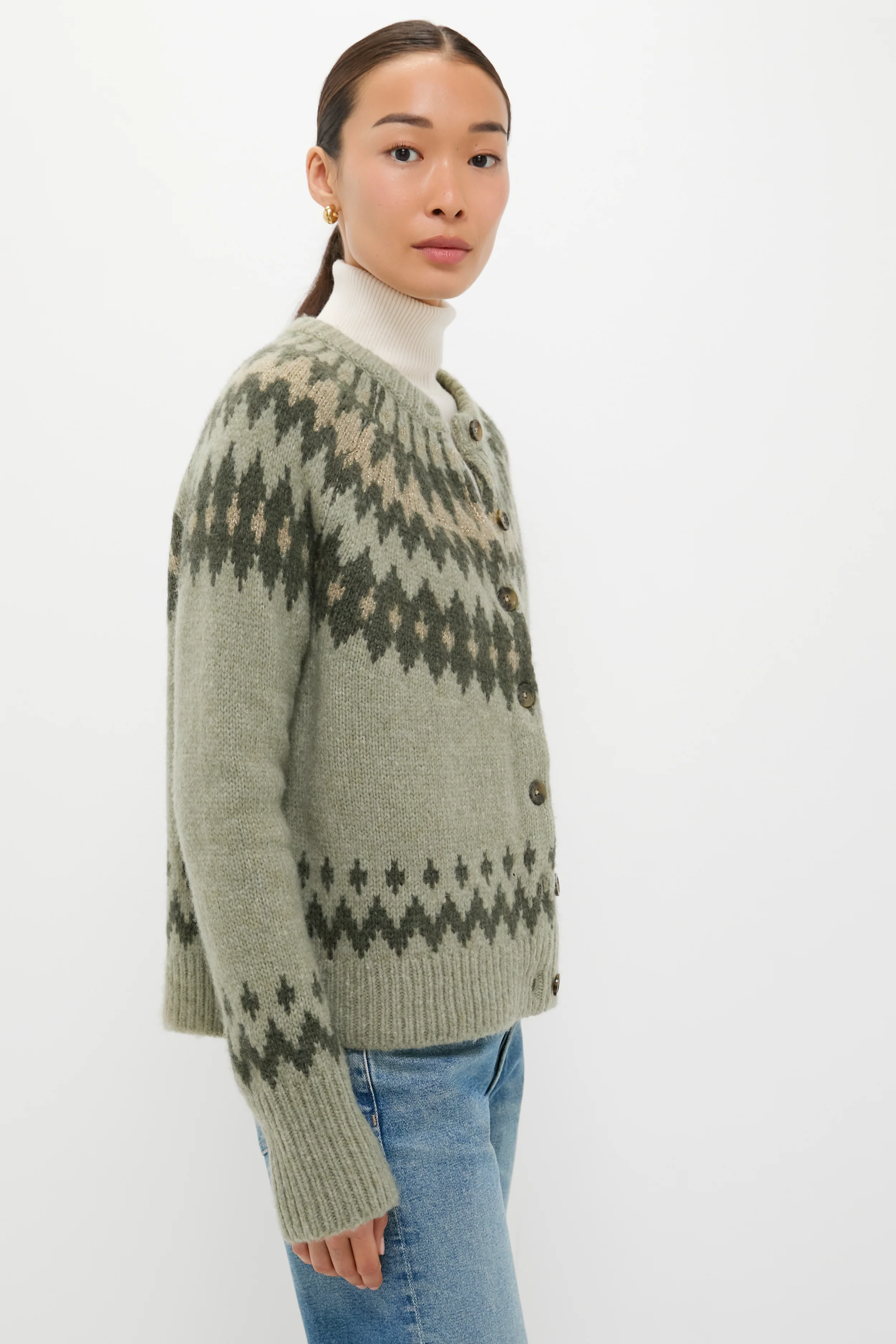 Fir Green Lurex Marlow Fair Isle Cardigan - Image 3