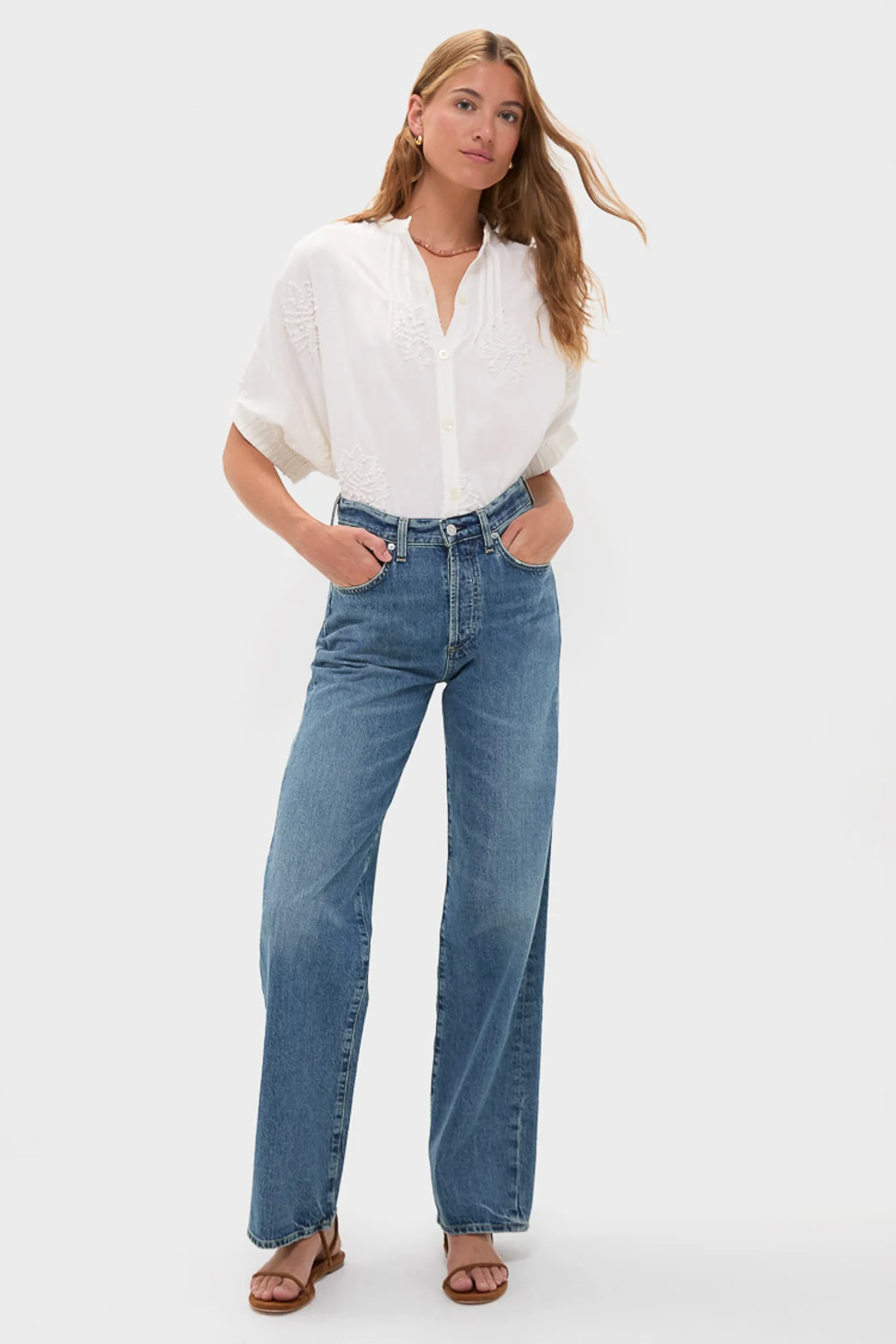 French Knot Floral Sand Mandarin Collar Top - Image 2