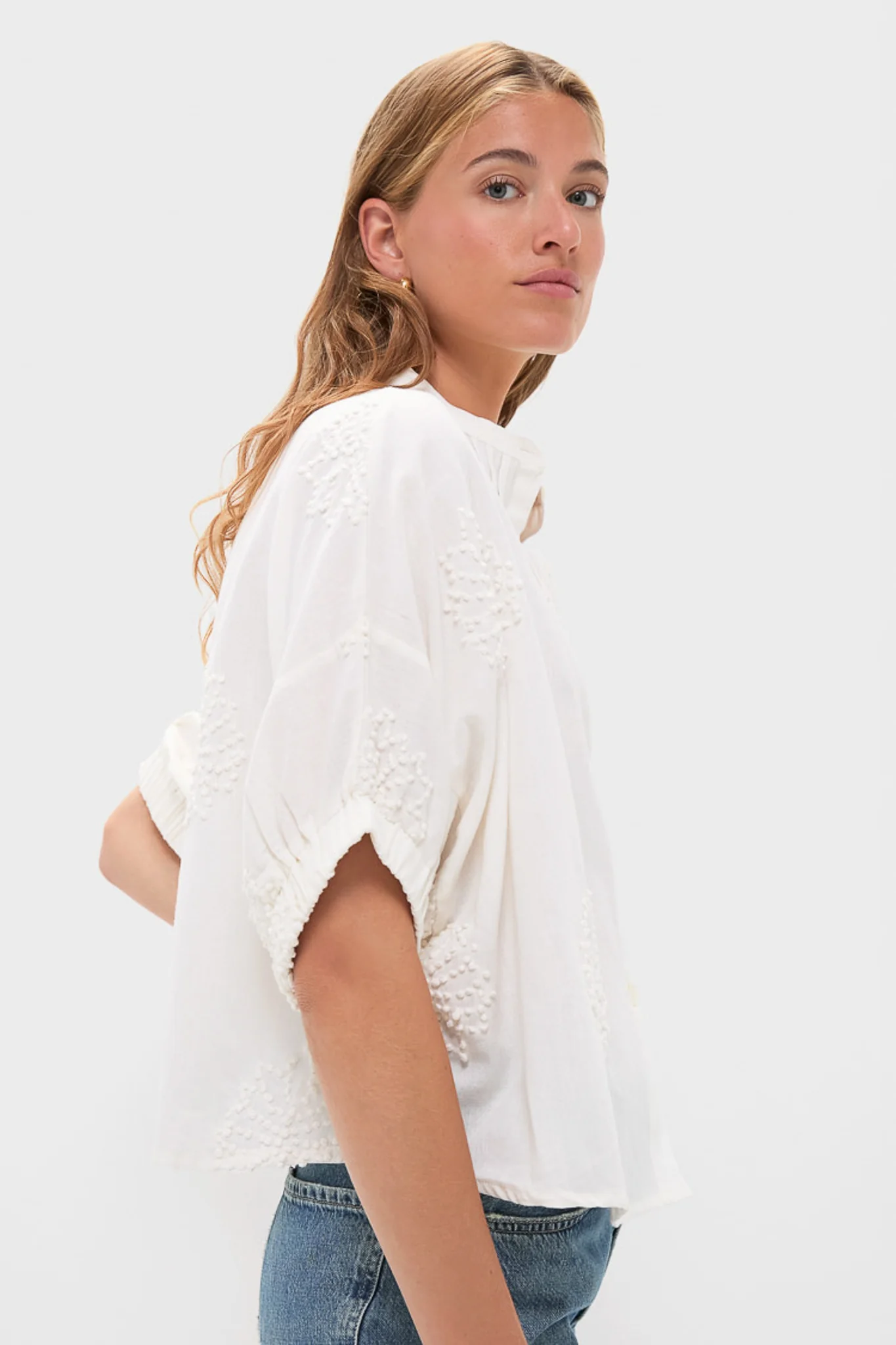 French Knot Floral Sand Mandarin Collar Top - Image 3