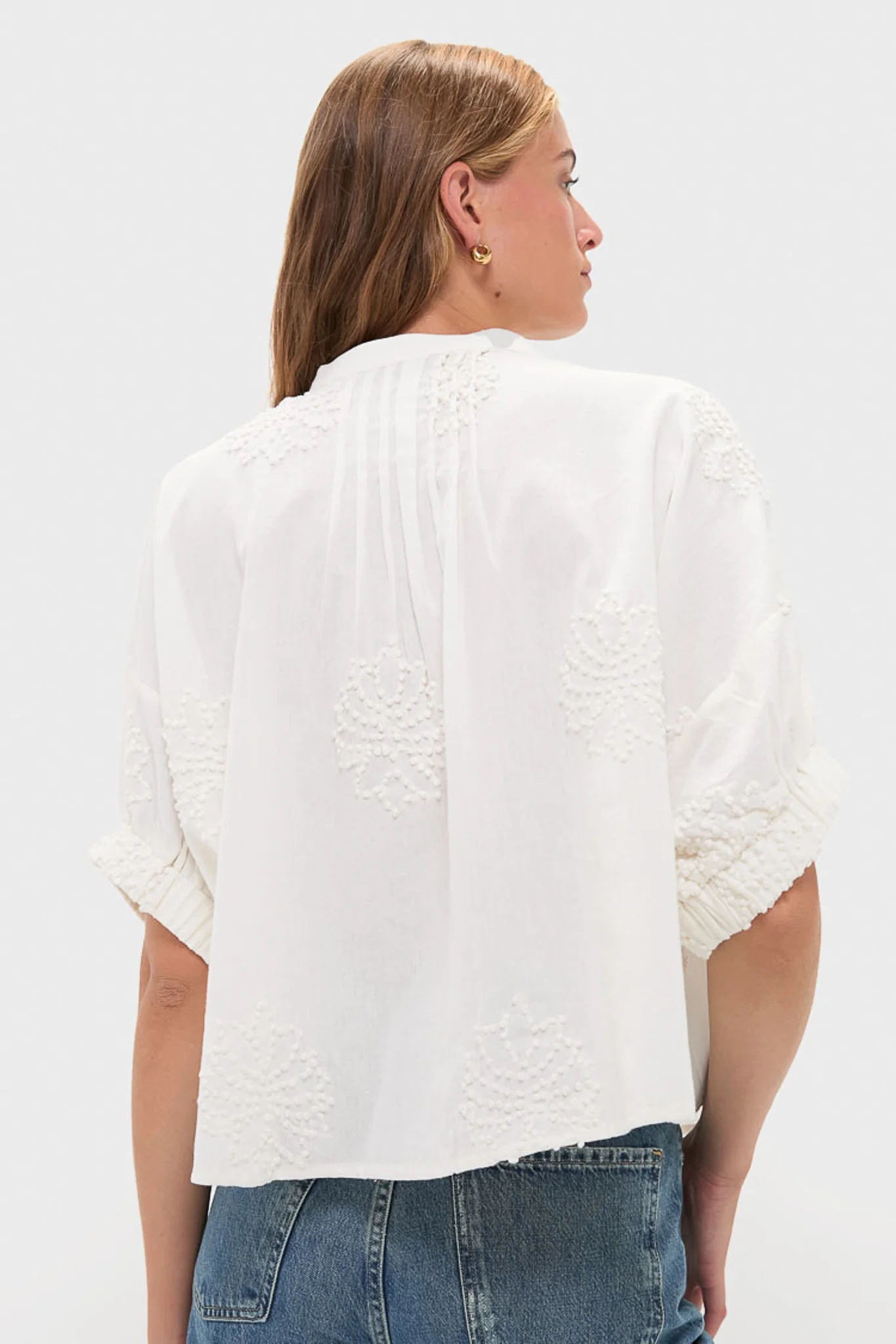 French Knot Floral Sand Mandarin Collar Top - Image 4