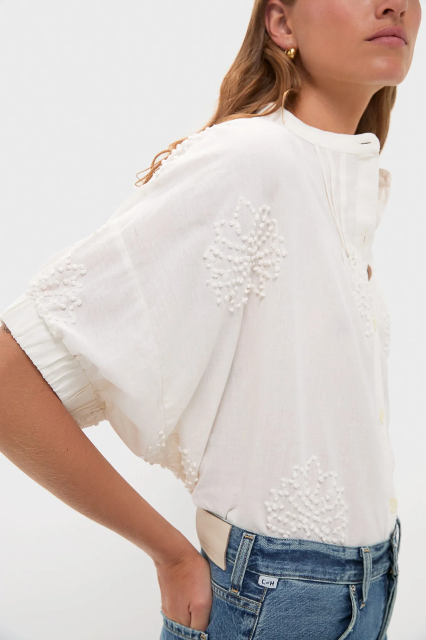 French Knot Floral Sand Mandarin Collar Top - Image 5
