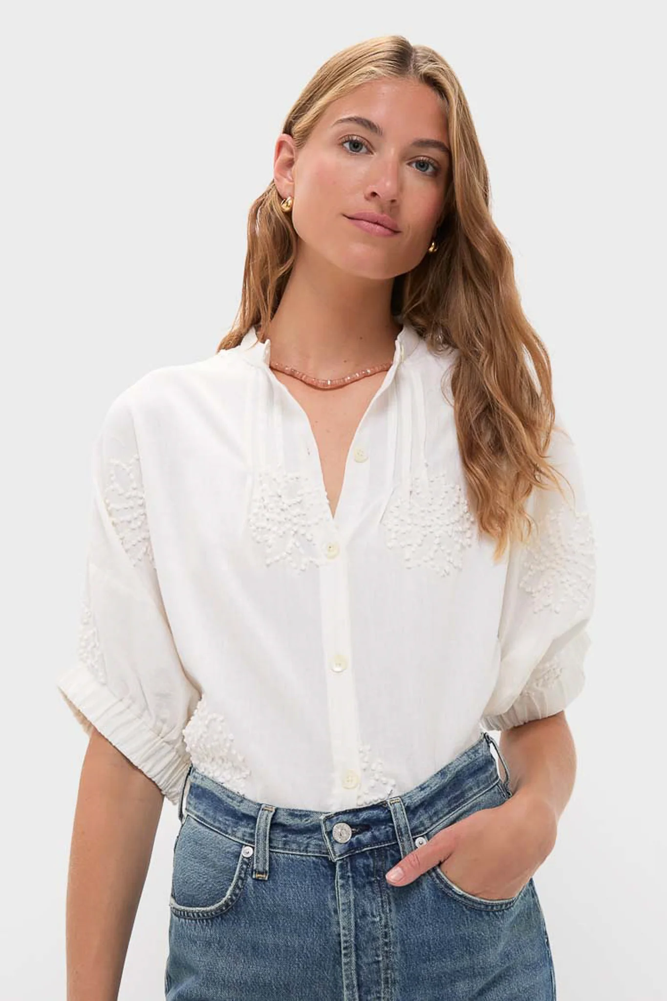 French Knot Floral Sand Mandarin Collar Top - Image 6