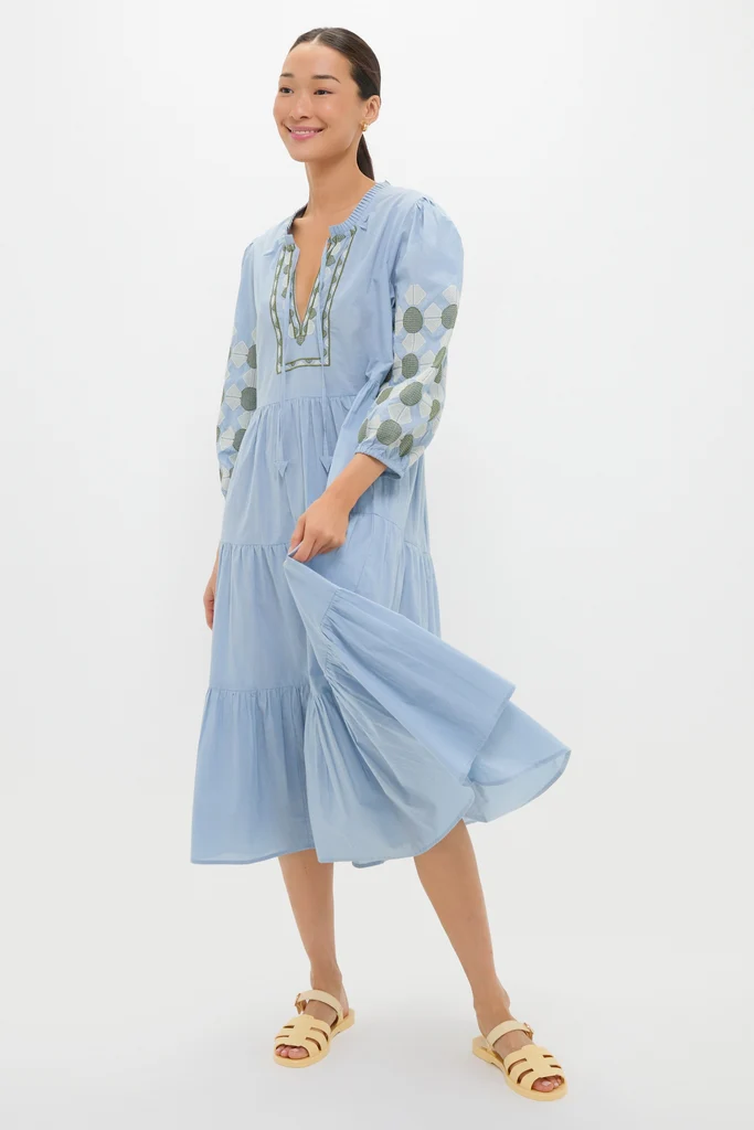 Sky Geometric Embroidered Long Sleeve Salty Paloma Caftan