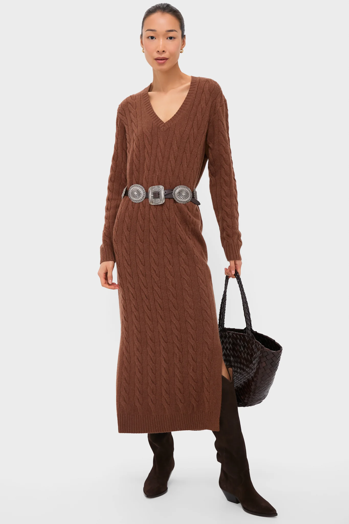 Gingerbread Brown Melange Alpaca Blend Sweater V-Neck Long Sleeve Dress - Image 2