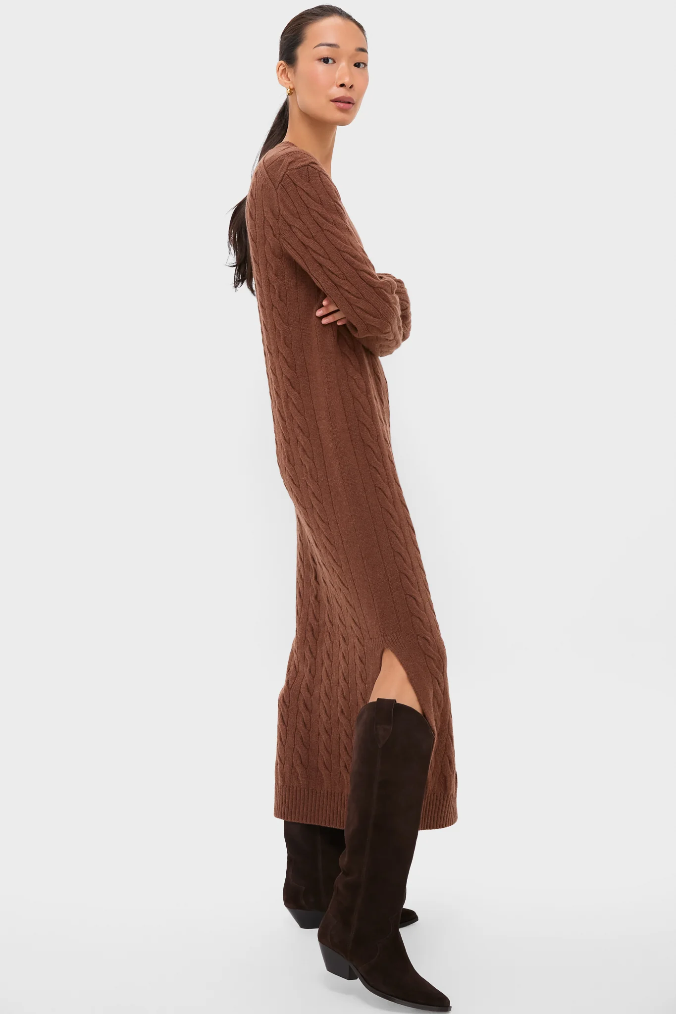 Gingerbread Brown Melange Alpaca Blend Sweater V-Neck Long Sleeve Dress - Image 3