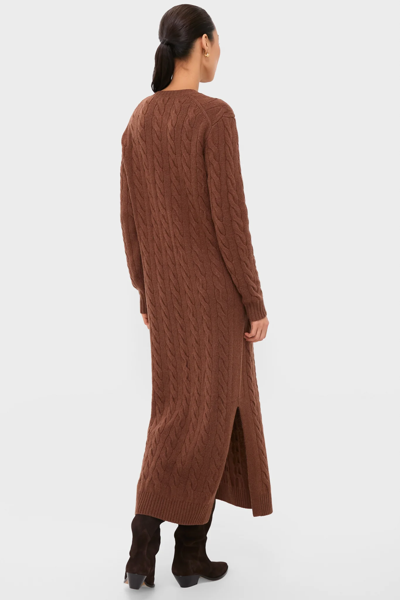 Gingerbread Brown Melange Alpaca Blend Sweater V-Neck Long Sleeve Dress - Image 4