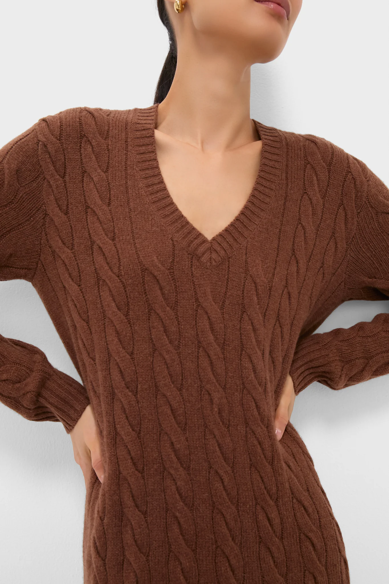 Gingerbread Brown Melange Alpaca Blend Sweater V-Neck Long Sleeve Dress - Image 5