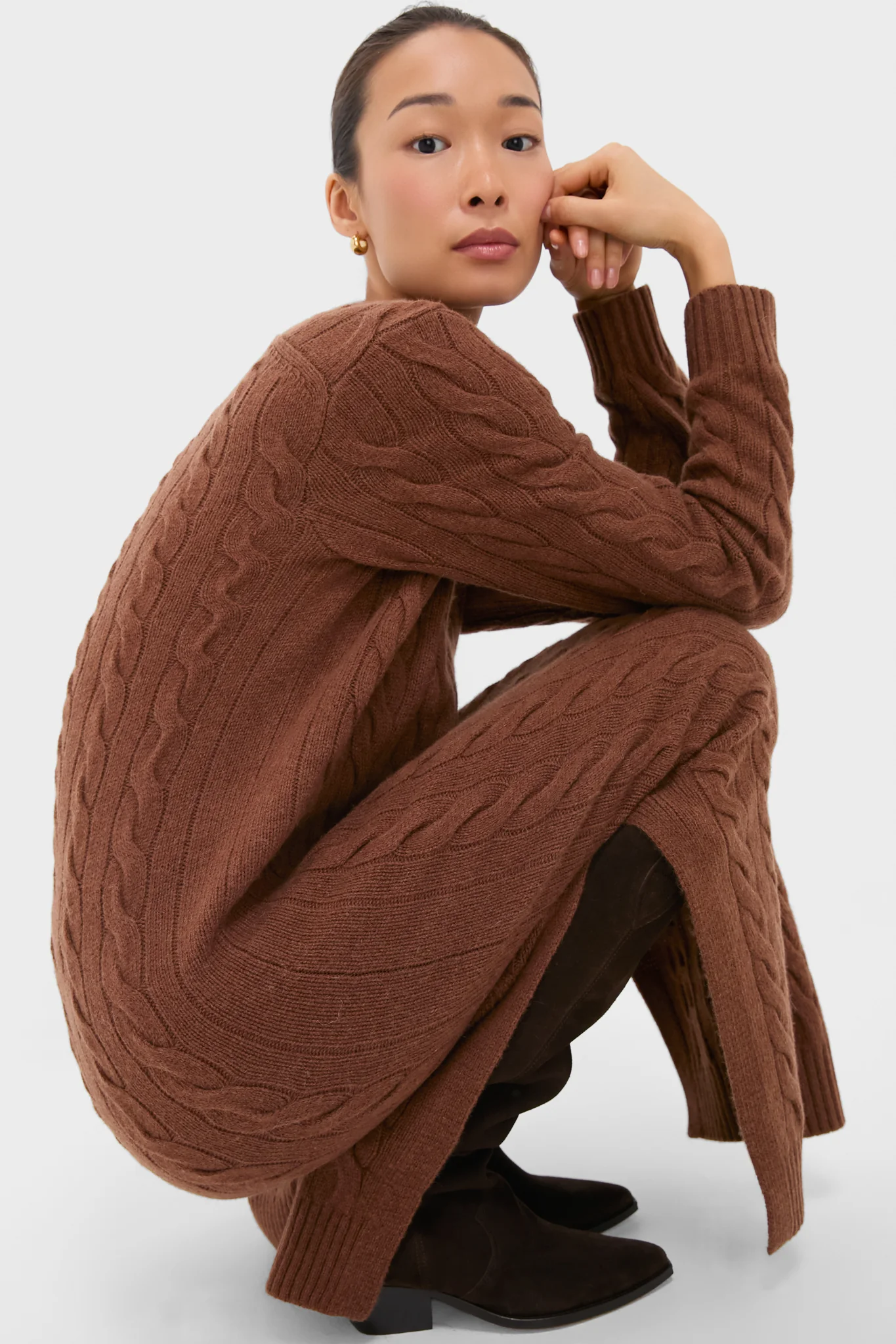 Gingerbread Brown Melange Alpaca Blend Sweater V-Neck Long Sleeve Dress - Image 6