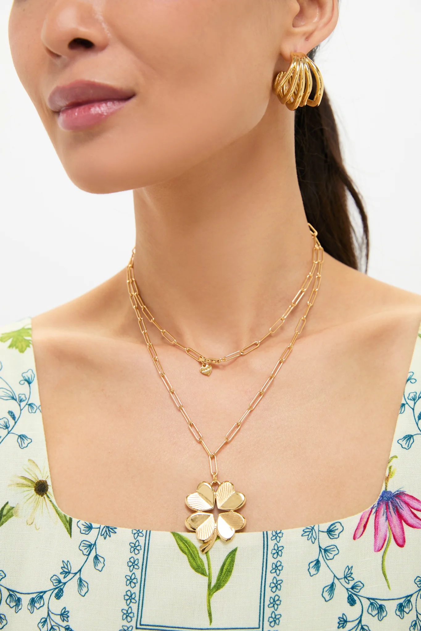 Gold Double Wrap Necklace with Luck and Love Clover - Image 2