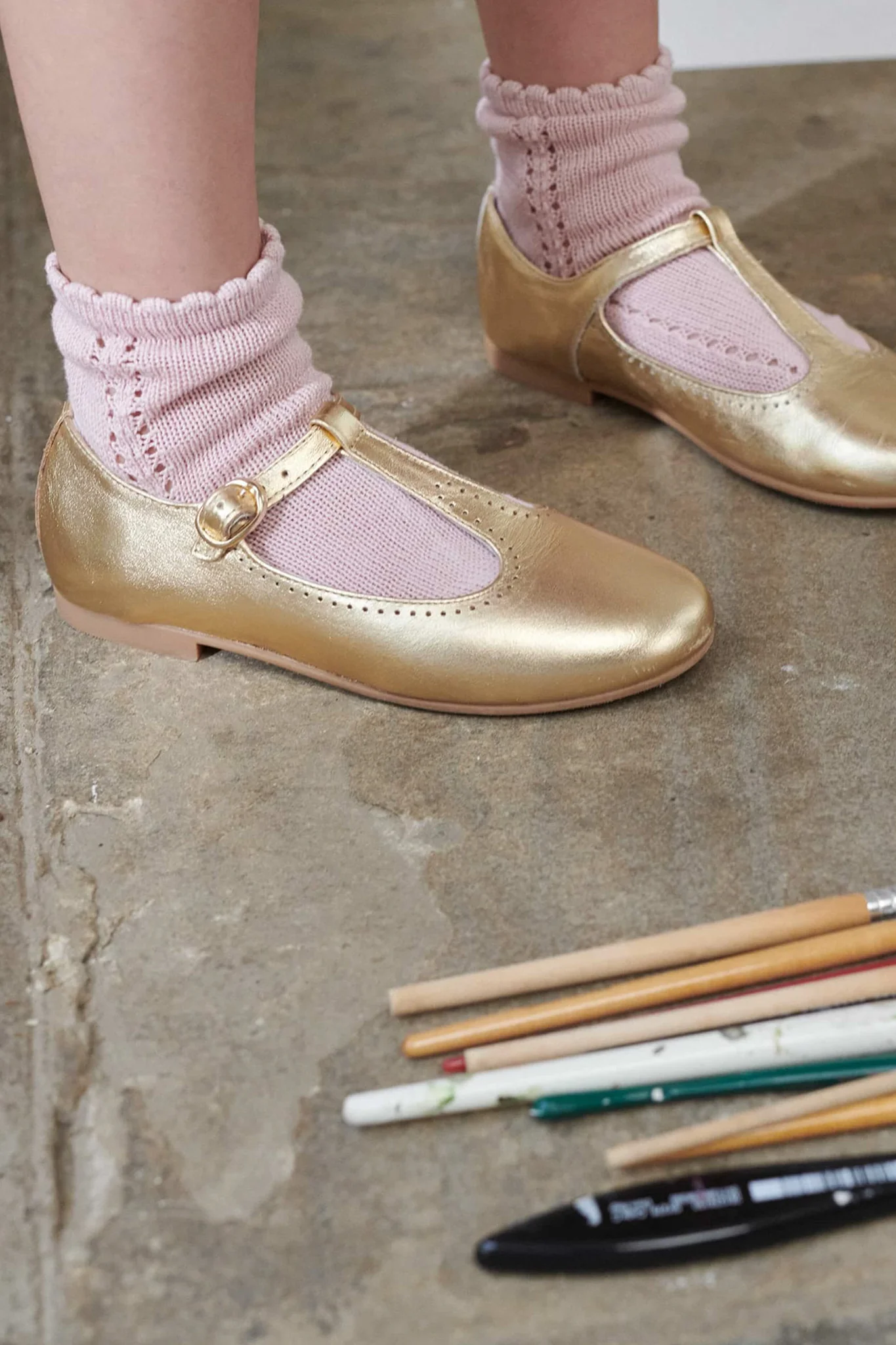 Gold Leather T Bar Shoes - Image 4