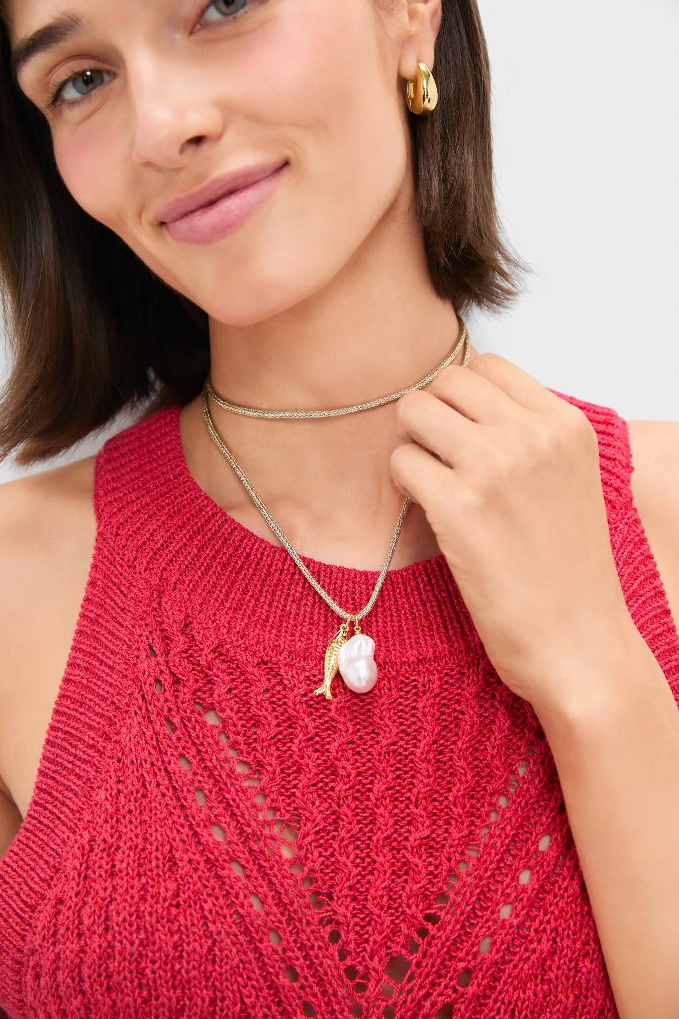 Gold Lurex Cord Necklace with Baroque Pearl and Gold Fish Charms - Image 2