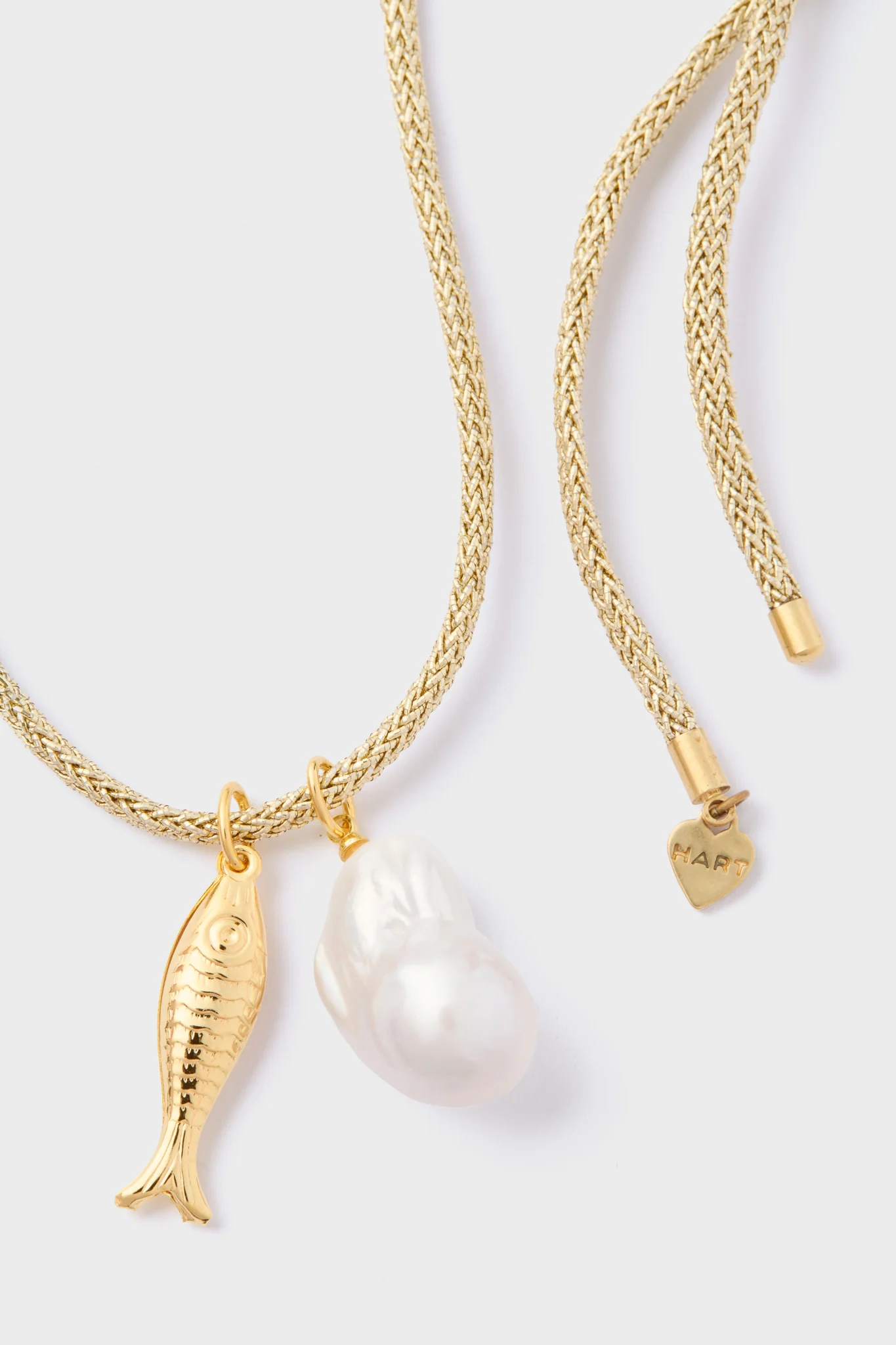 Gold Lurex Cord Necklace with Baroque Pearl and Gold Fish Charms - Image 3
