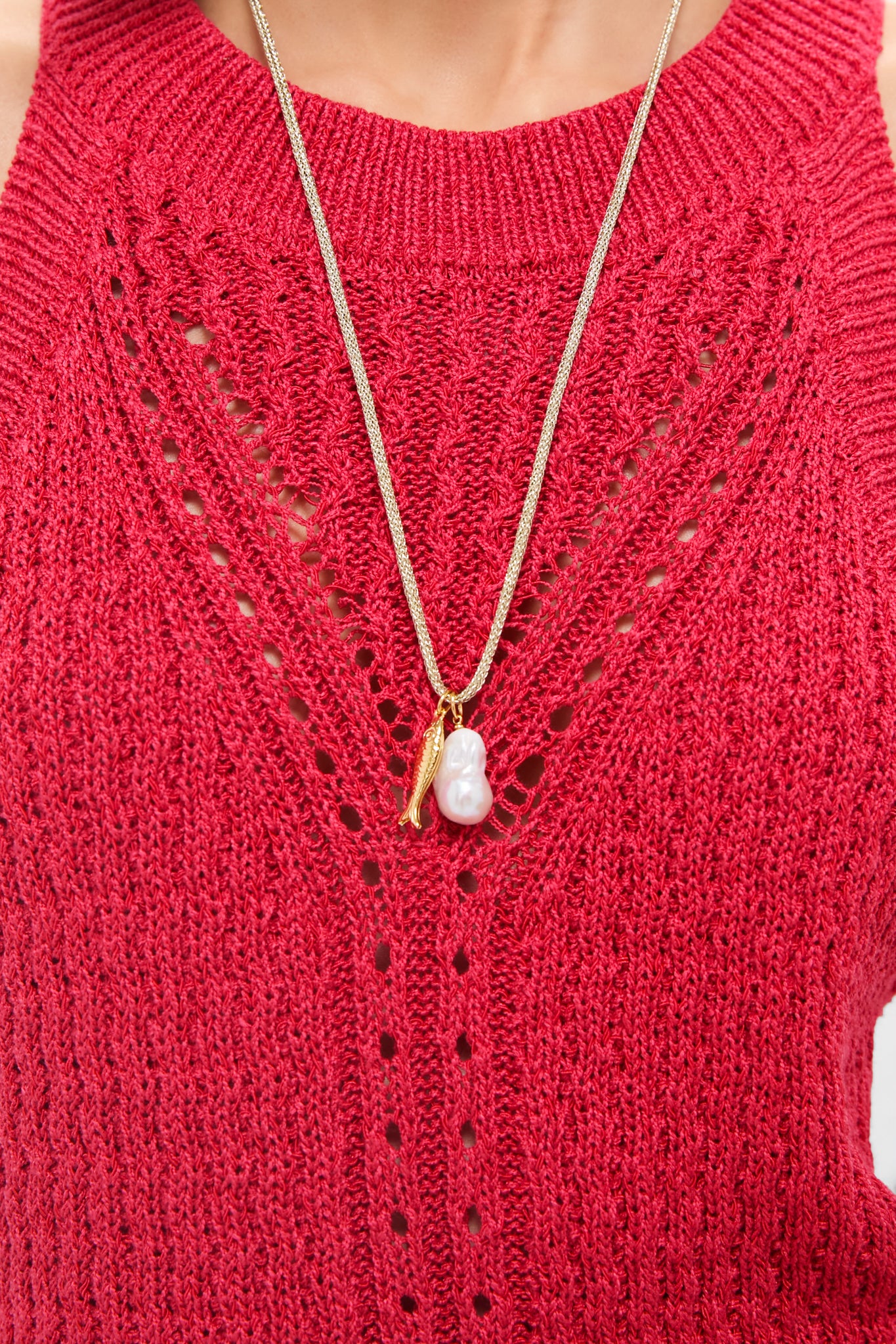 Gold Lurex Cord Necklace with Baroque Pearl and Gold Fish Charms - Image 4