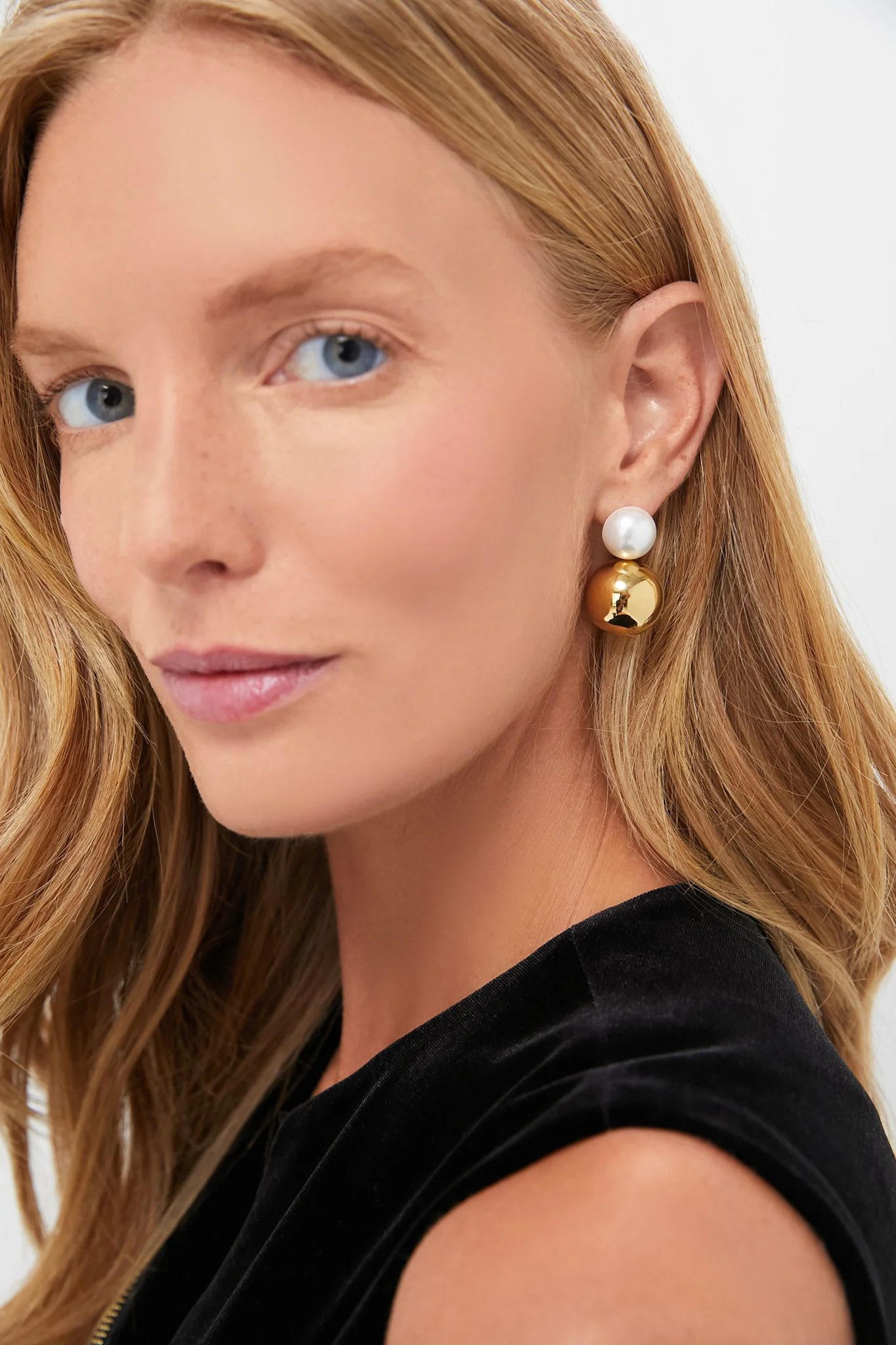 Gold Pearl Sphere Earrings - Image 2