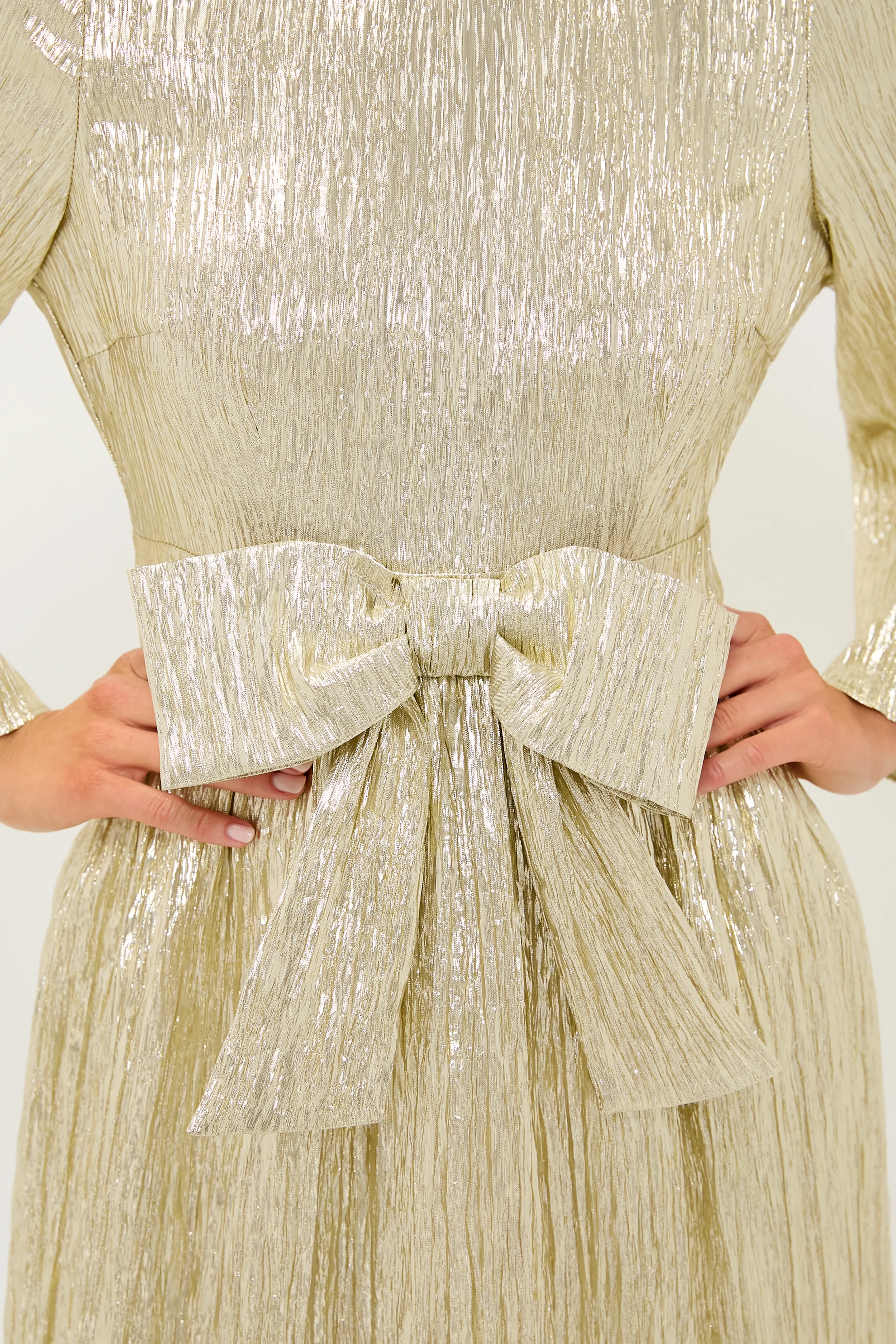 Gold Plisse Carol Bow Mini Dress - Image 2