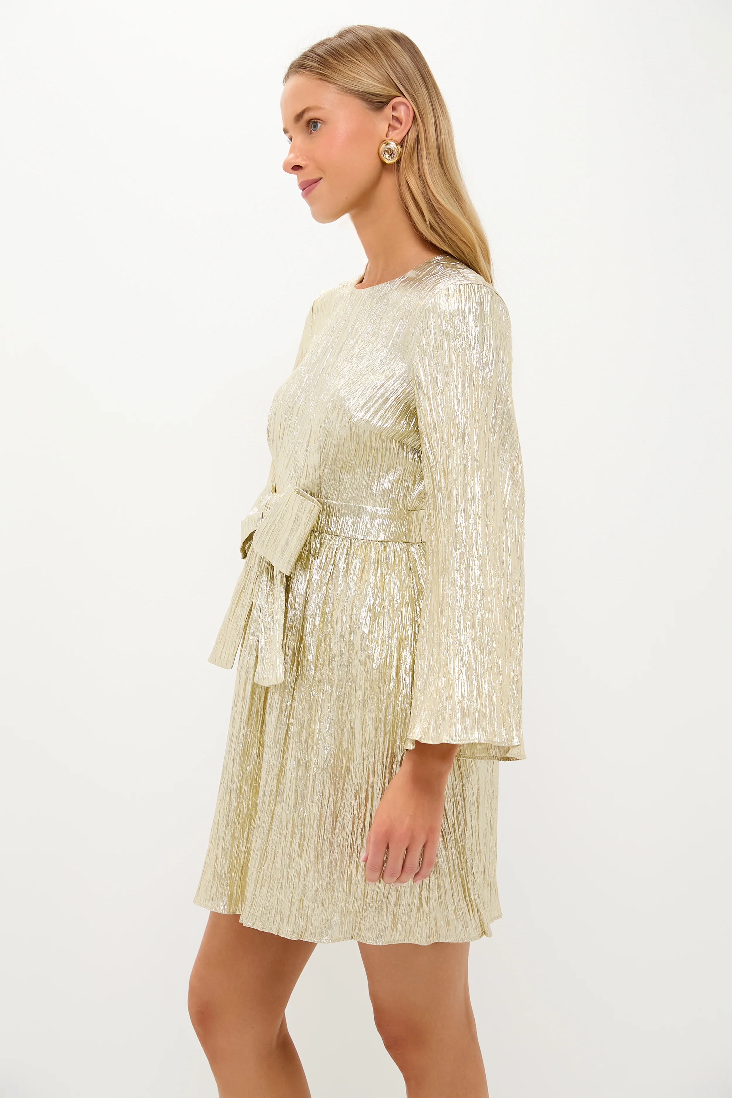Gold Plisse Carol Bow Mini Dress - Image 3