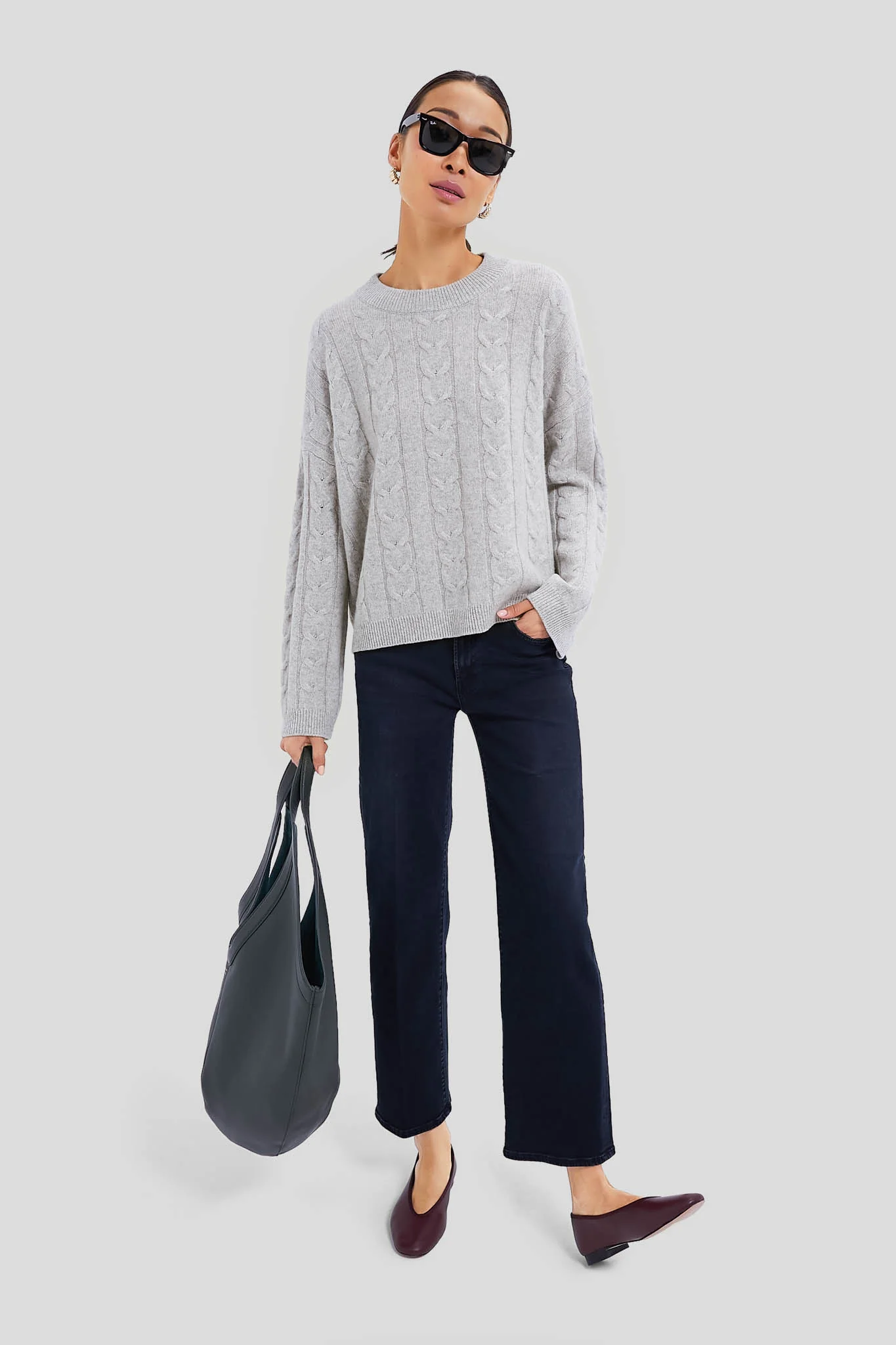 Gray Cashmere Eloise Cable Knit Boyfriend Crewneck - Image 2