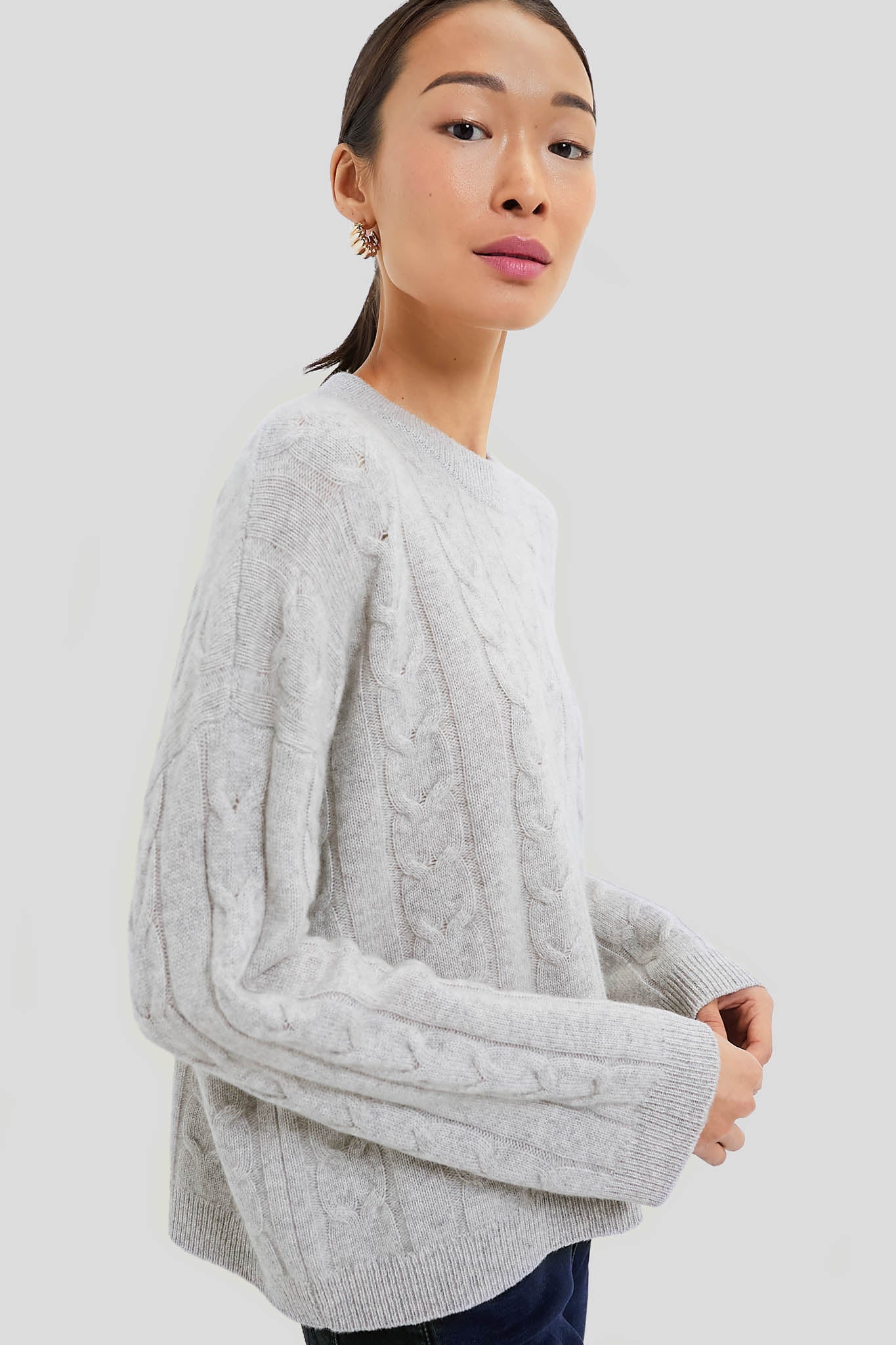 Gray Cashmere Eloise Cable Knit Boyfriend Crewneck - Image 3