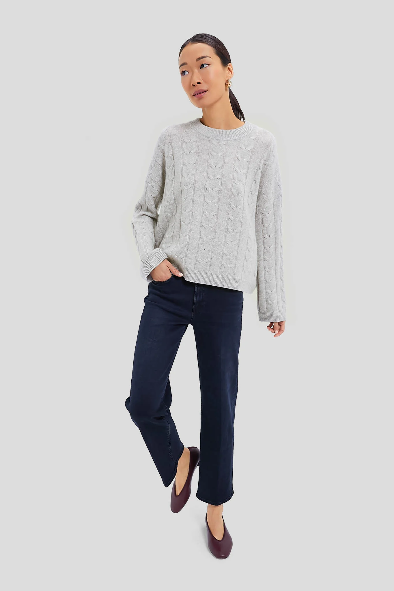 Gray Cashmere Eloise Cable Knit Boyfriend Crewneck - Image 5