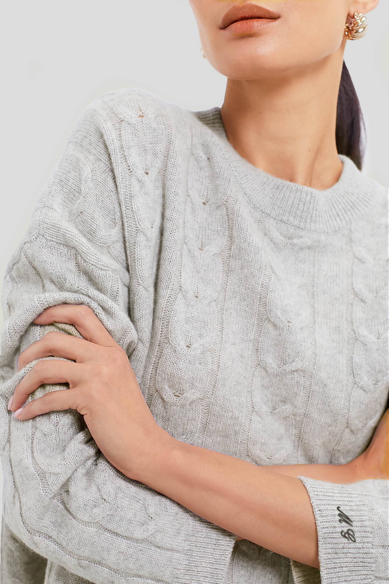 Gray Cashmere Eloise Cable Knit Boyfriend Crewneck - Image 6