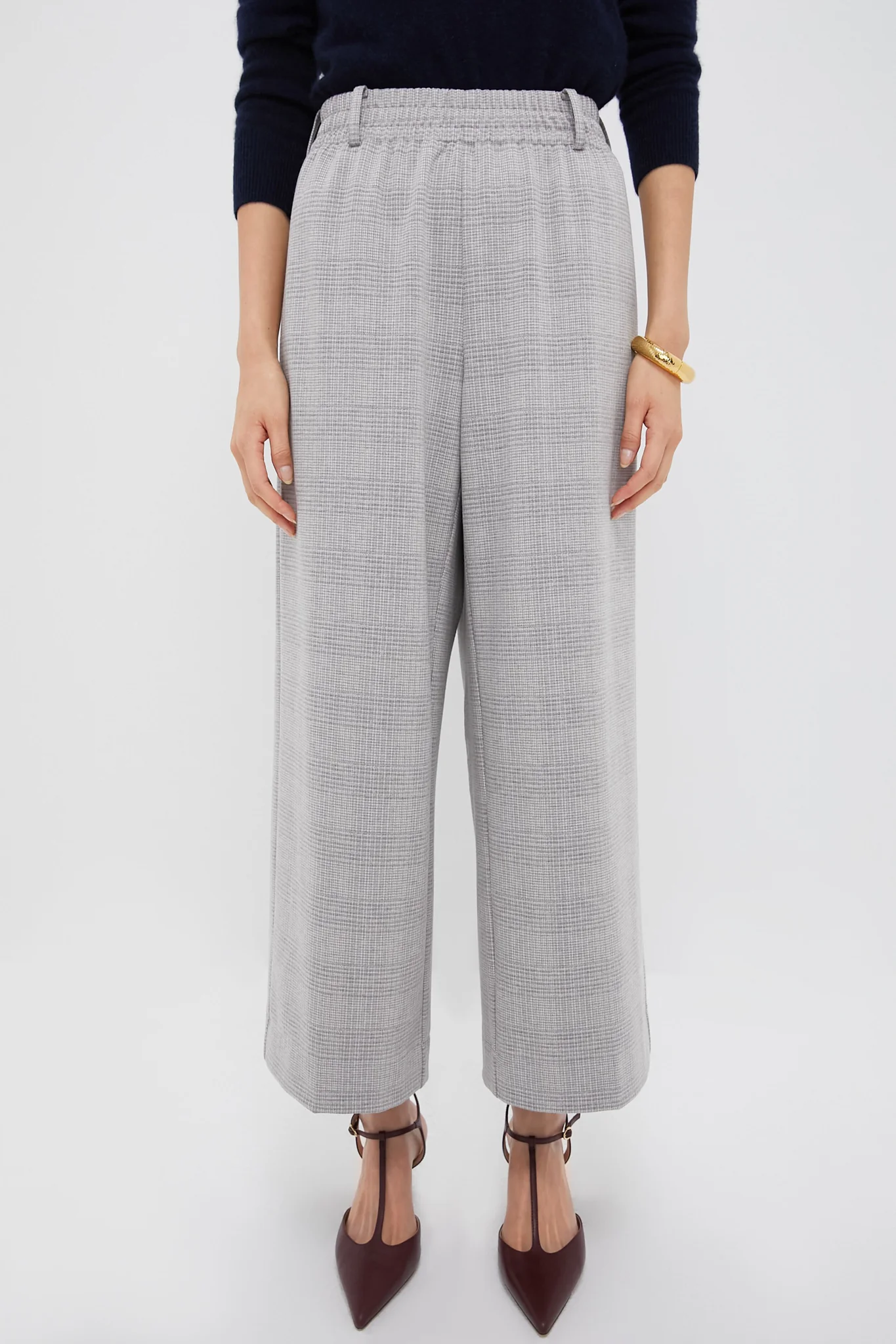 Gray Plaid Cropped Flare Carlton Pants - Image 3