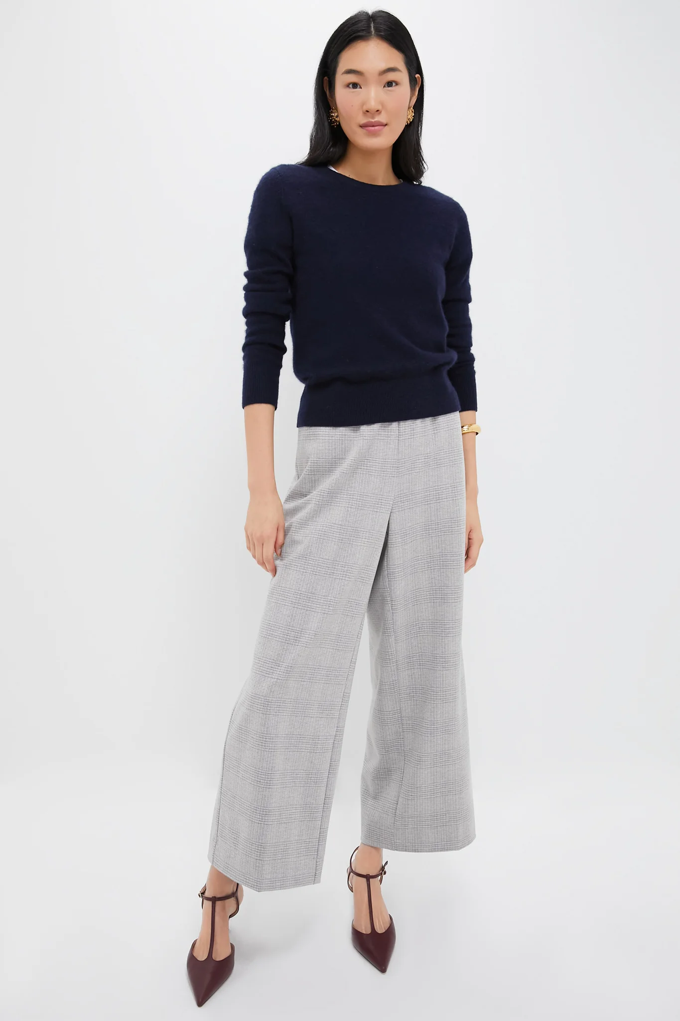 Gray Plaid Cropped Flare Carlton Pants - Image 6