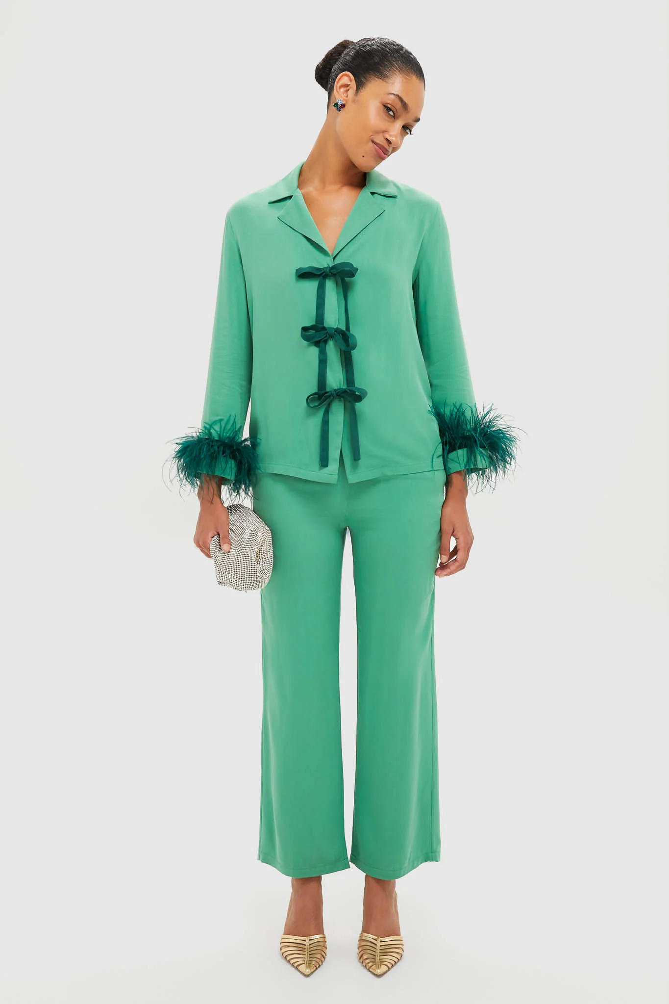 Green Bow Pajama Set with Detachable Feathers - Image 2