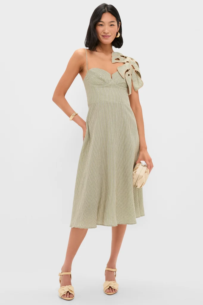 Green Striped Monsterea Leaf Sleeveless Midi Dress - Image 2