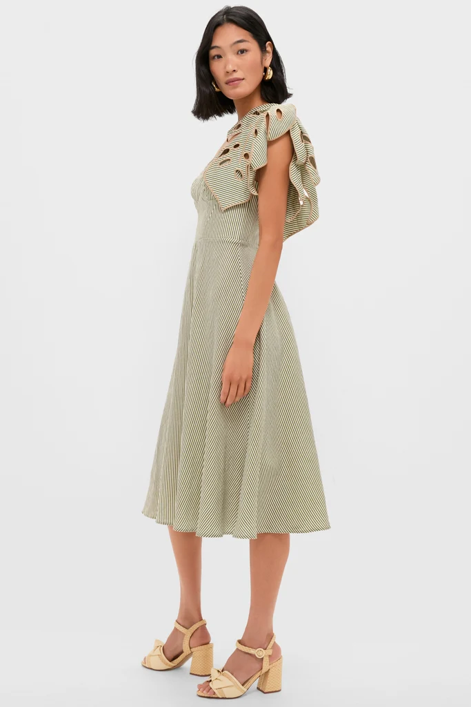 Green Striped Monsterea Leaf Sleeveless Midi Dress - Image 3