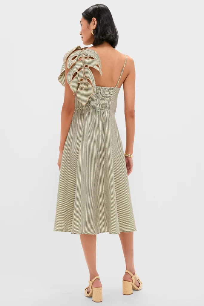Green Striped Monsterea Leaf Sleeveless Midi Dress - Image 4