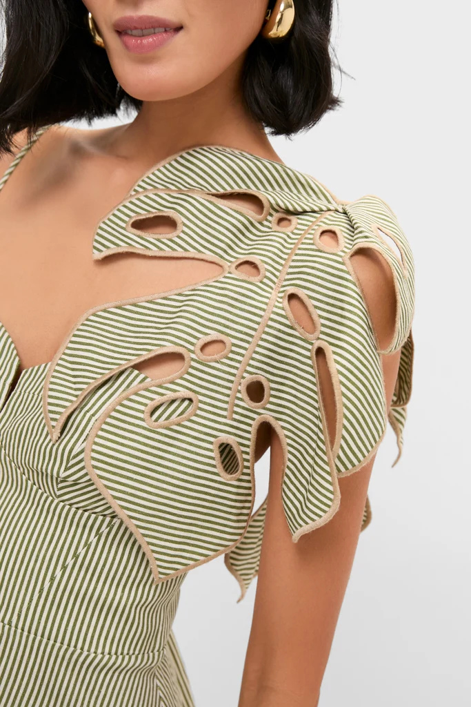 Green Striped Monsterea Leaf Sleeveless Midi Dress - Image 5