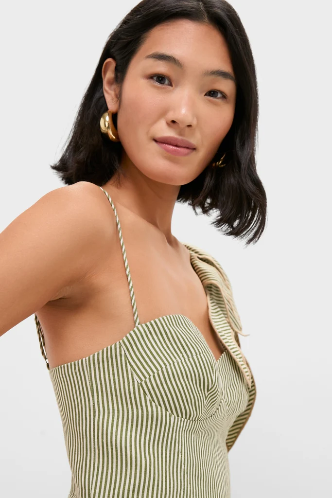 Green Striped Monsterea Leaf Sleeveless Midi Dress - Image 6