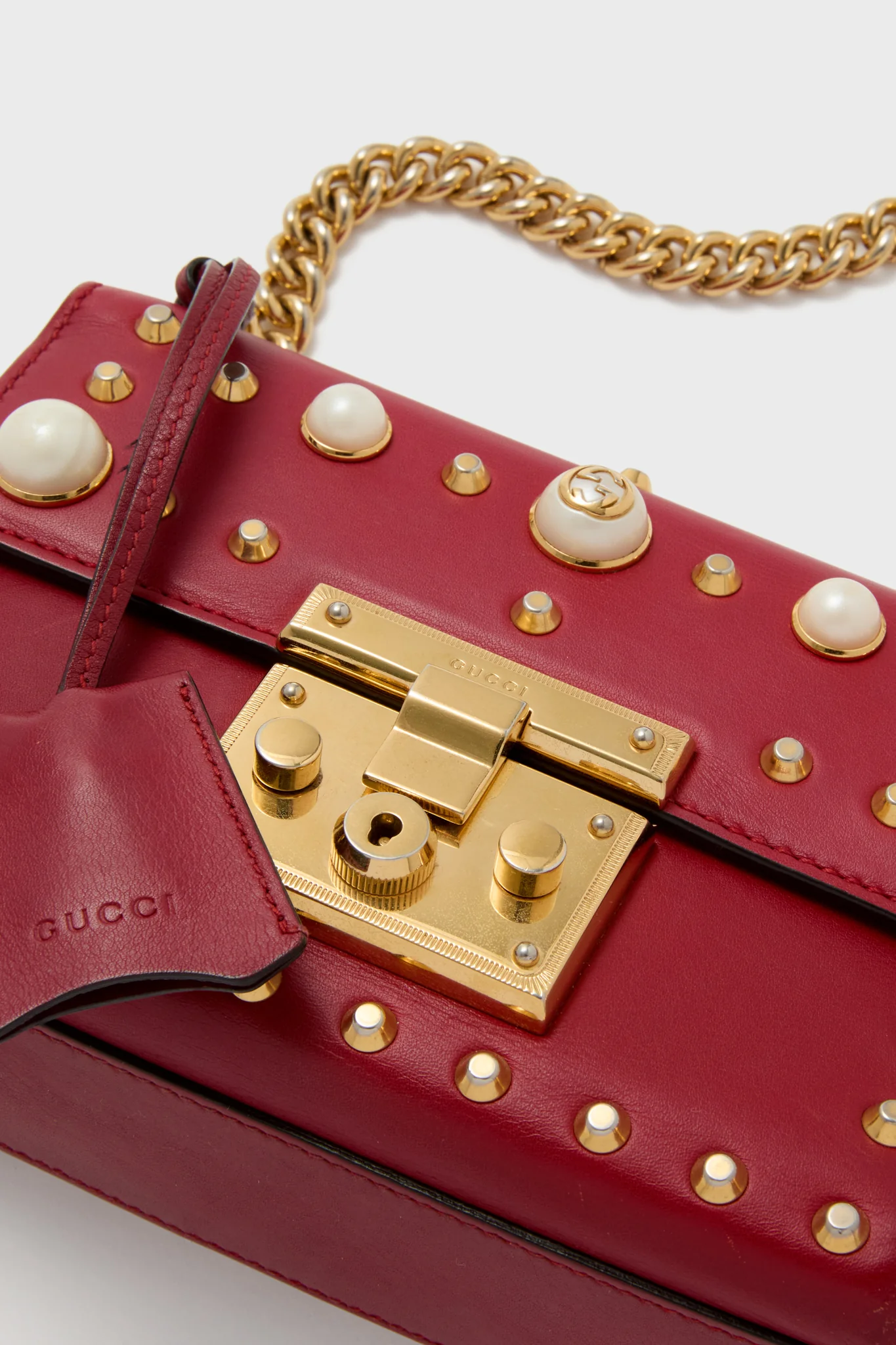 Gucci Red Pearl Studded Padlock Shoulder Bag - Image 6