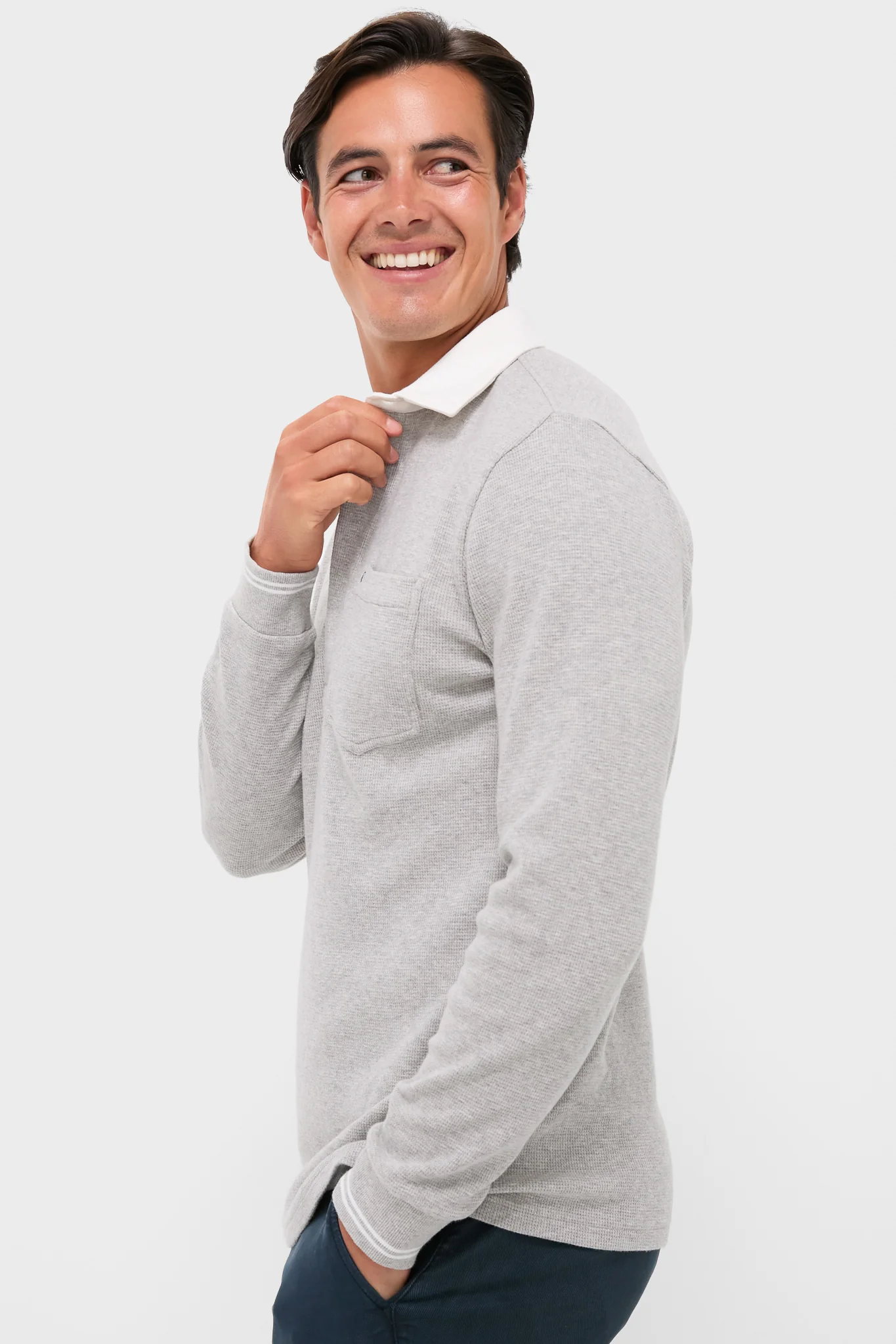 Heather Grey Waffle Rugby Polo - Image 3
