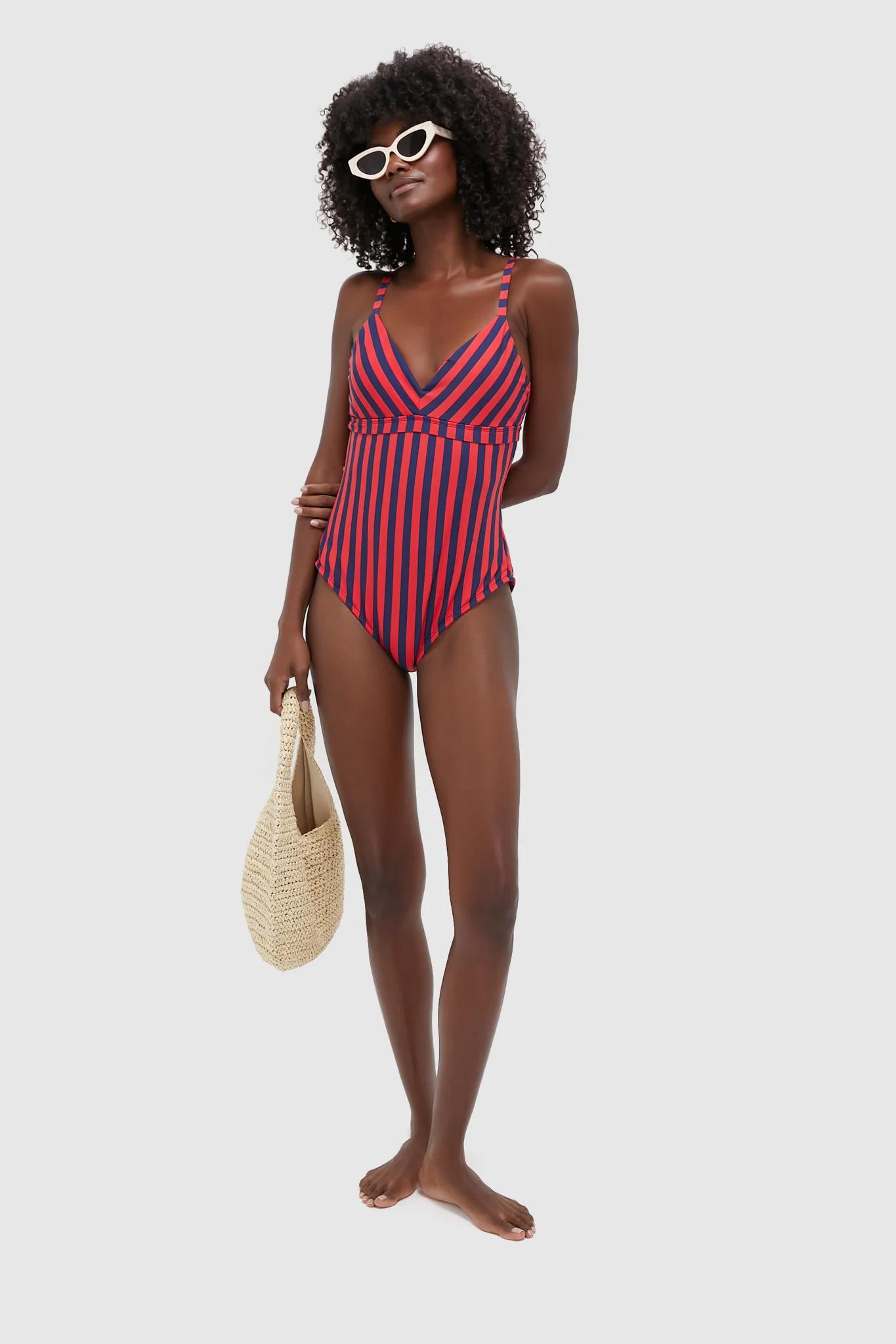 Hot Pepper and Navy Striped Dreamsculpt Push-Up Plunge One Piece - Image 2