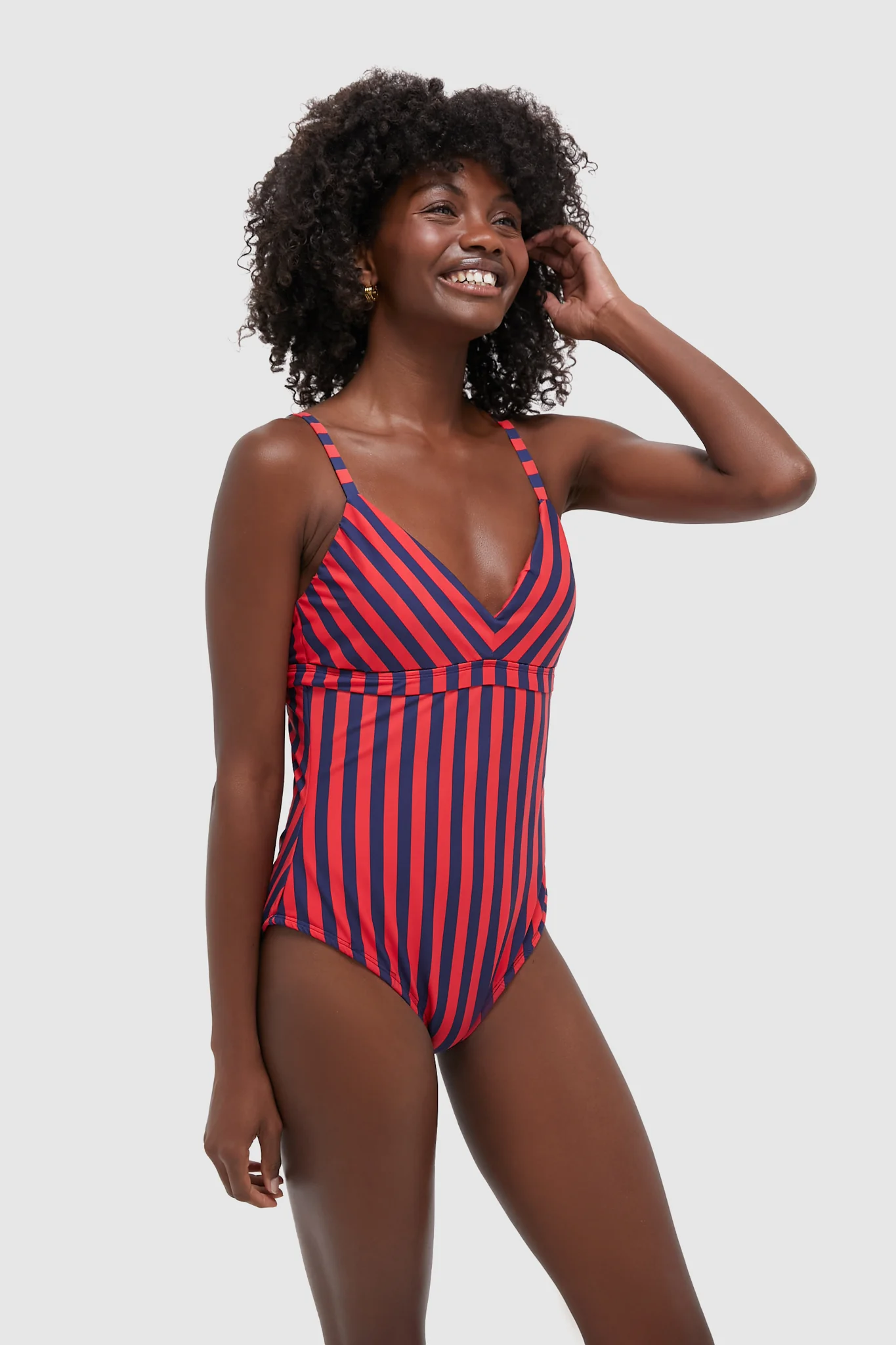 Hot Pepper and Navy Striped Dreamsculpt Push-Up Plunge One Piece - Image 3