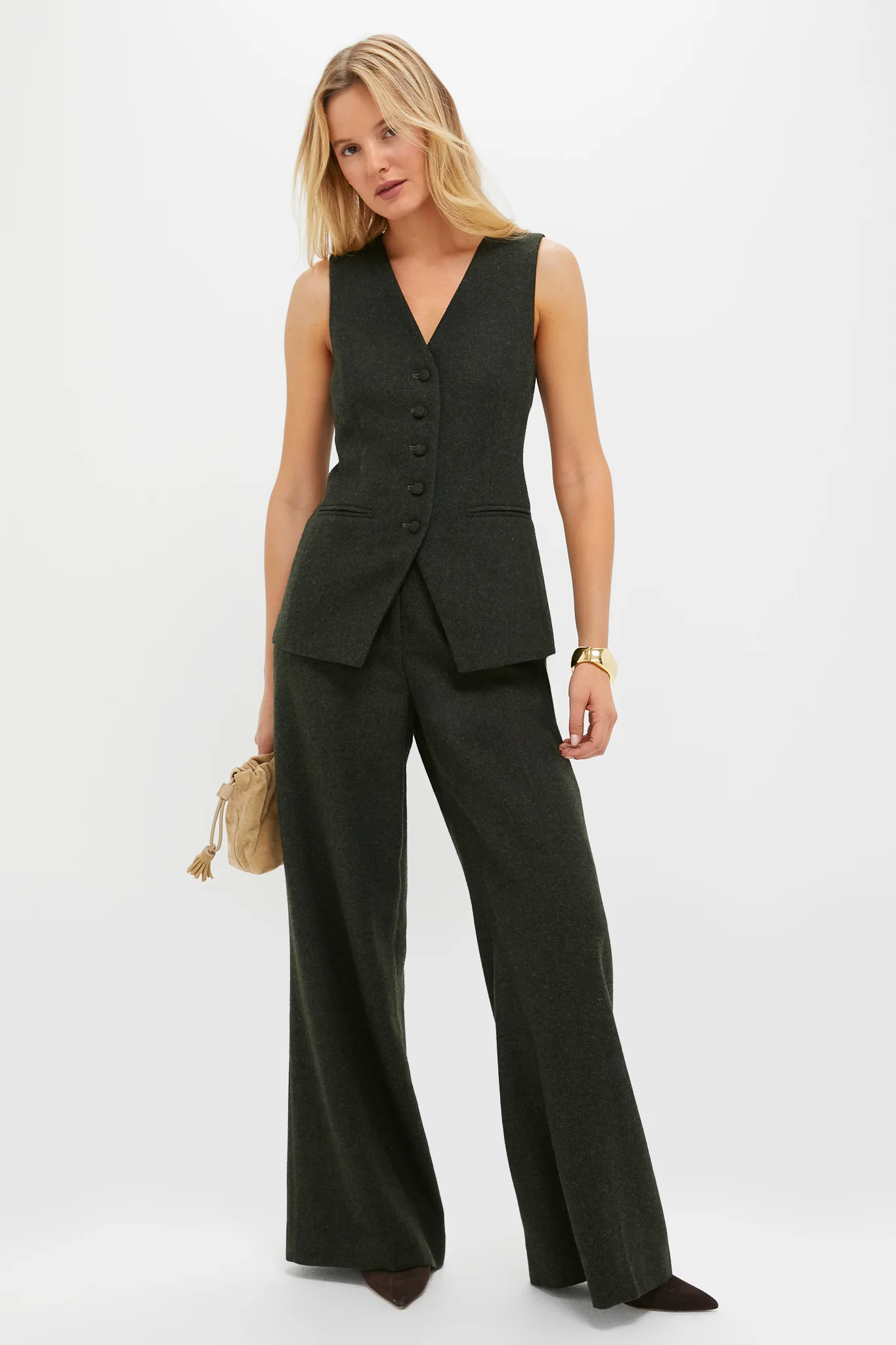 Hunter Green Tweed Herringbone Thompson Vest - Image 2