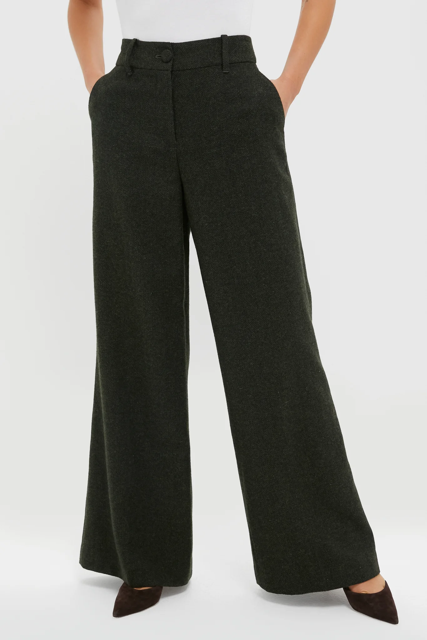 Hunter Green Tweed Herringbone Wide Leg Watson Trousers