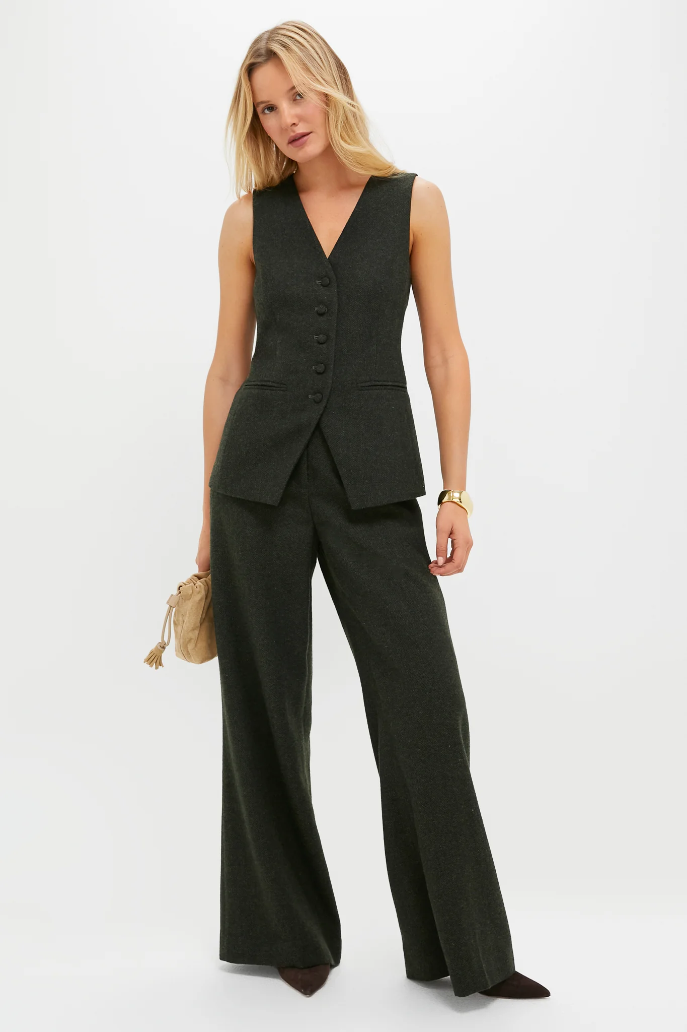 Hunter Green Tweed Herringbone Wide Leg Watson Trousers - Image 2