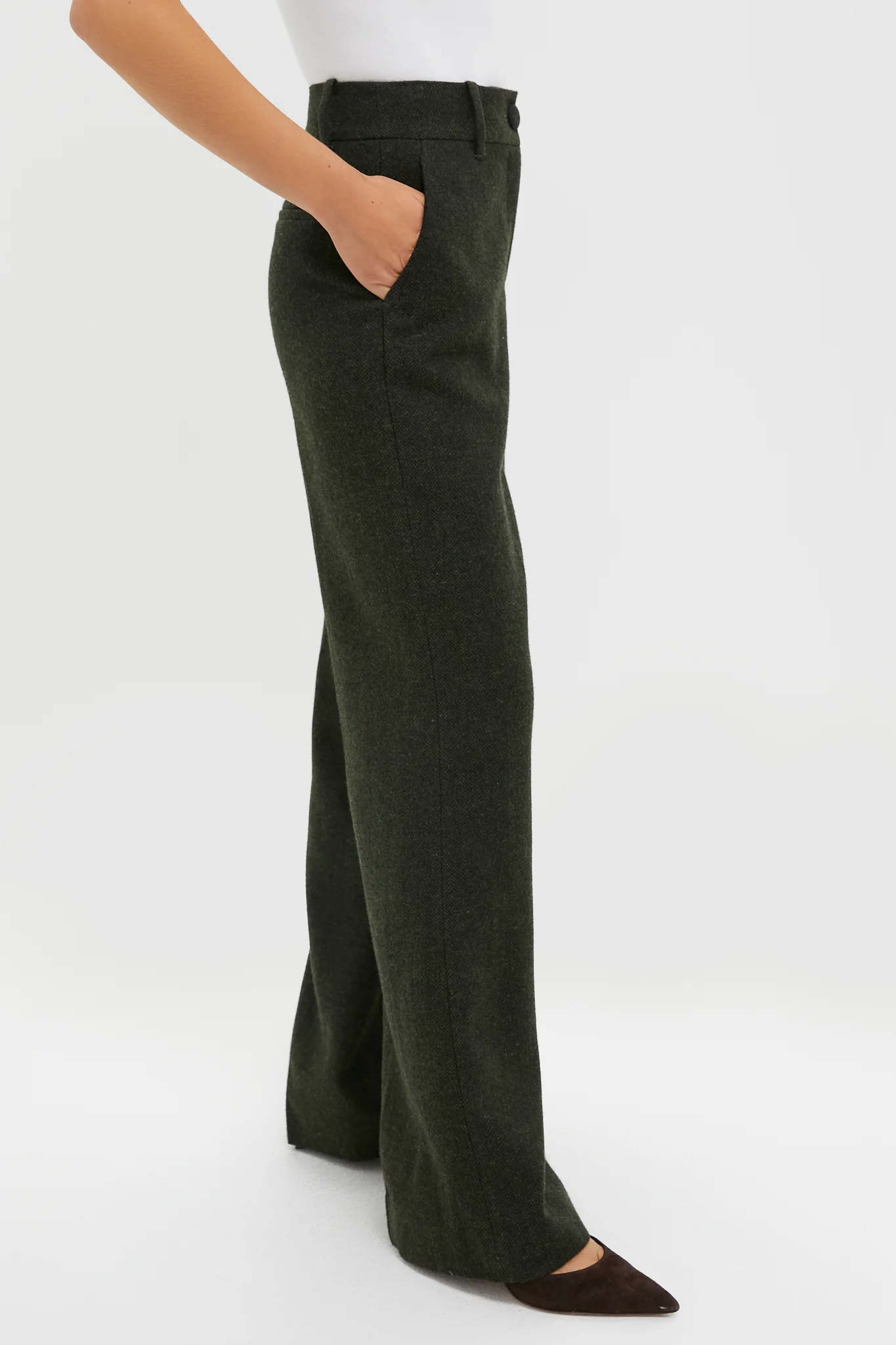 Hunter Green Tweed Herringbone Wide Leg Watson Trousers - Image 3