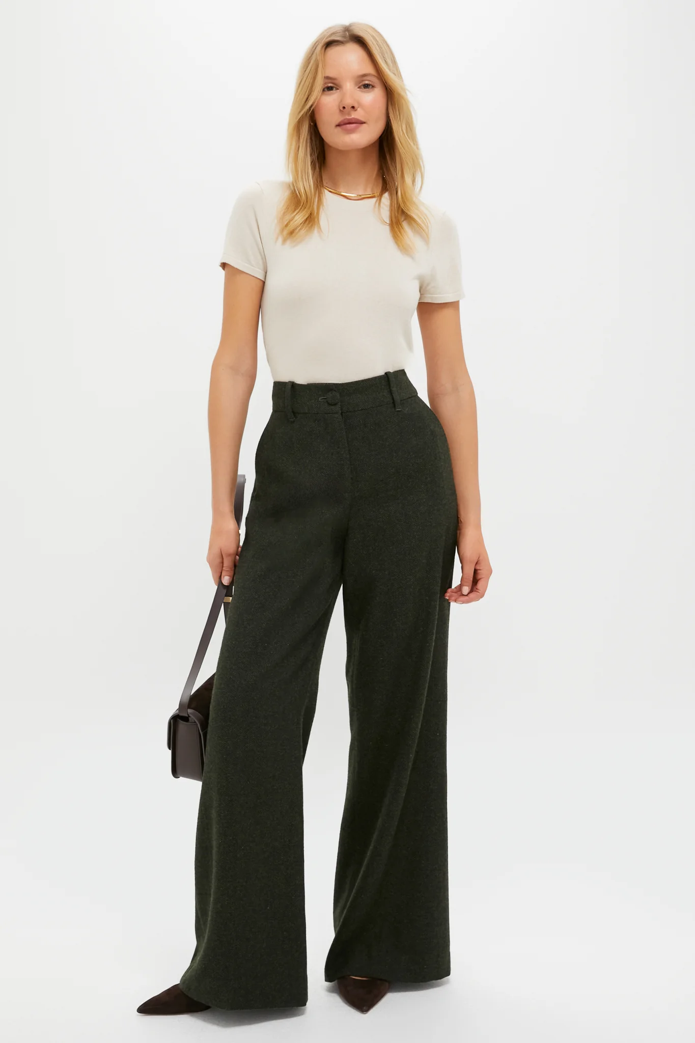 Hunter Green Tweed Herringbone Wide Leg Watson Trousers - Image 7
