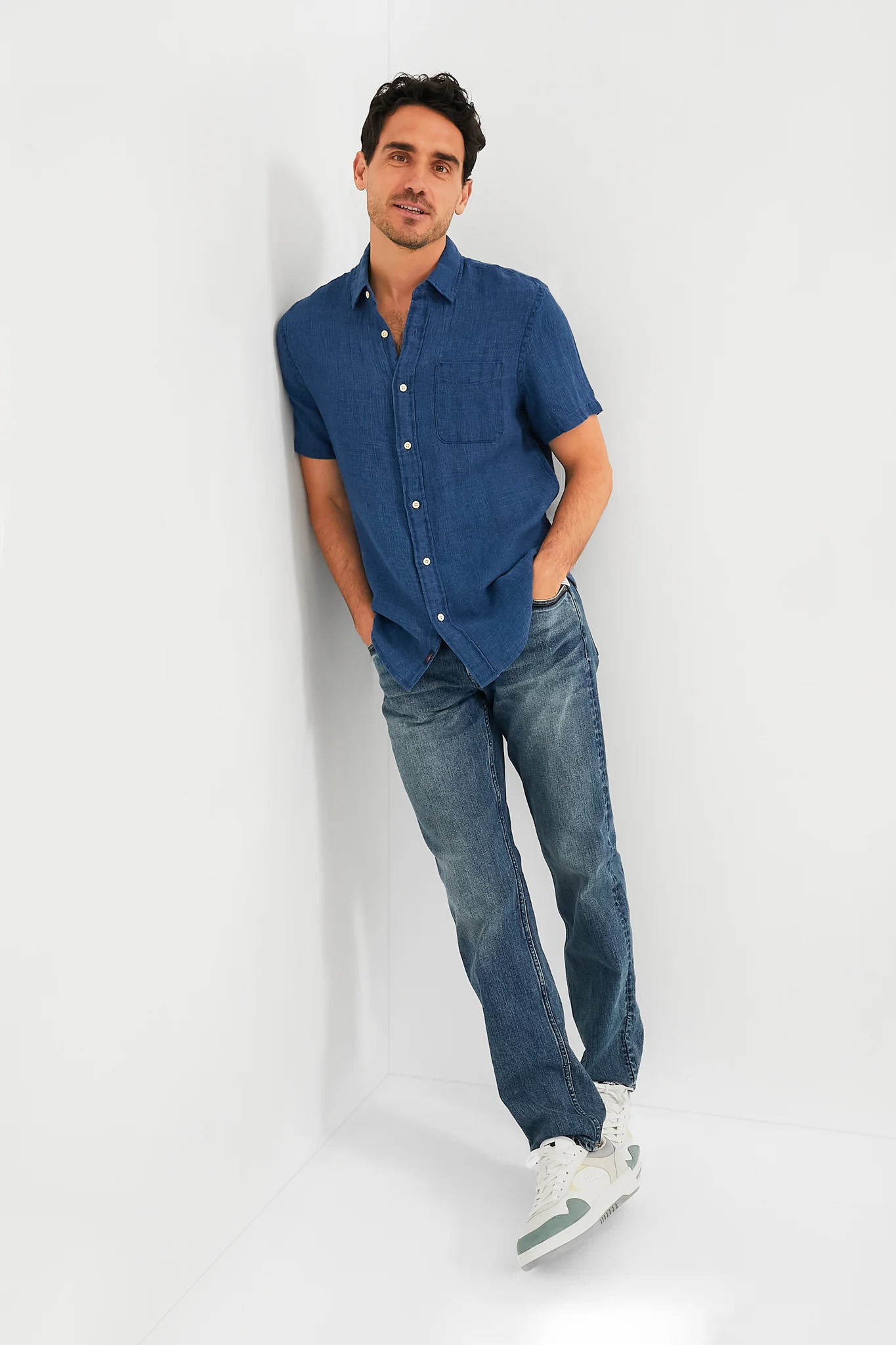 Indigo Basketweave Short Sleeve Palma Linen Shirt - Image 3