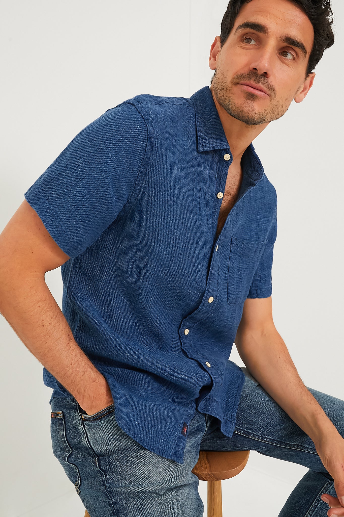 Indigo Basketweave Short Sleeve Palma Linen Shirt - Image 4