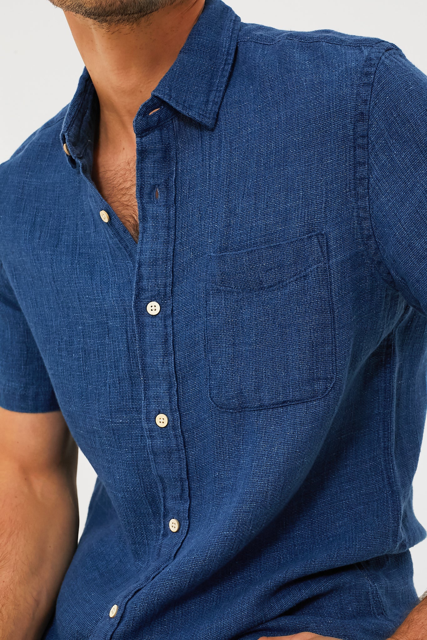 Indigo Basketweave Short Sleeve Palma Linen Shirt - Image 7