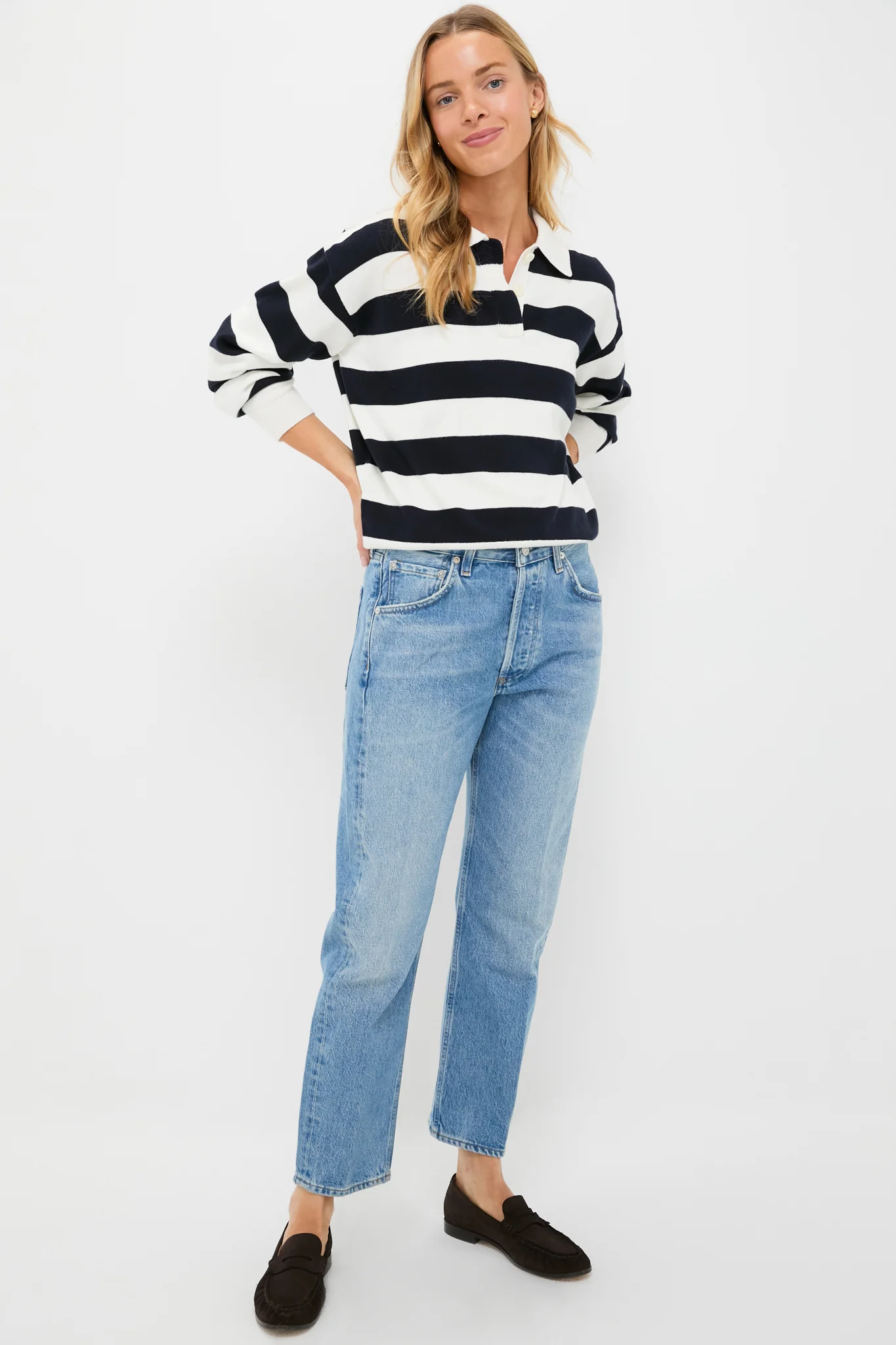 Ivory and Navy Bond St Striped Polo - Image 6